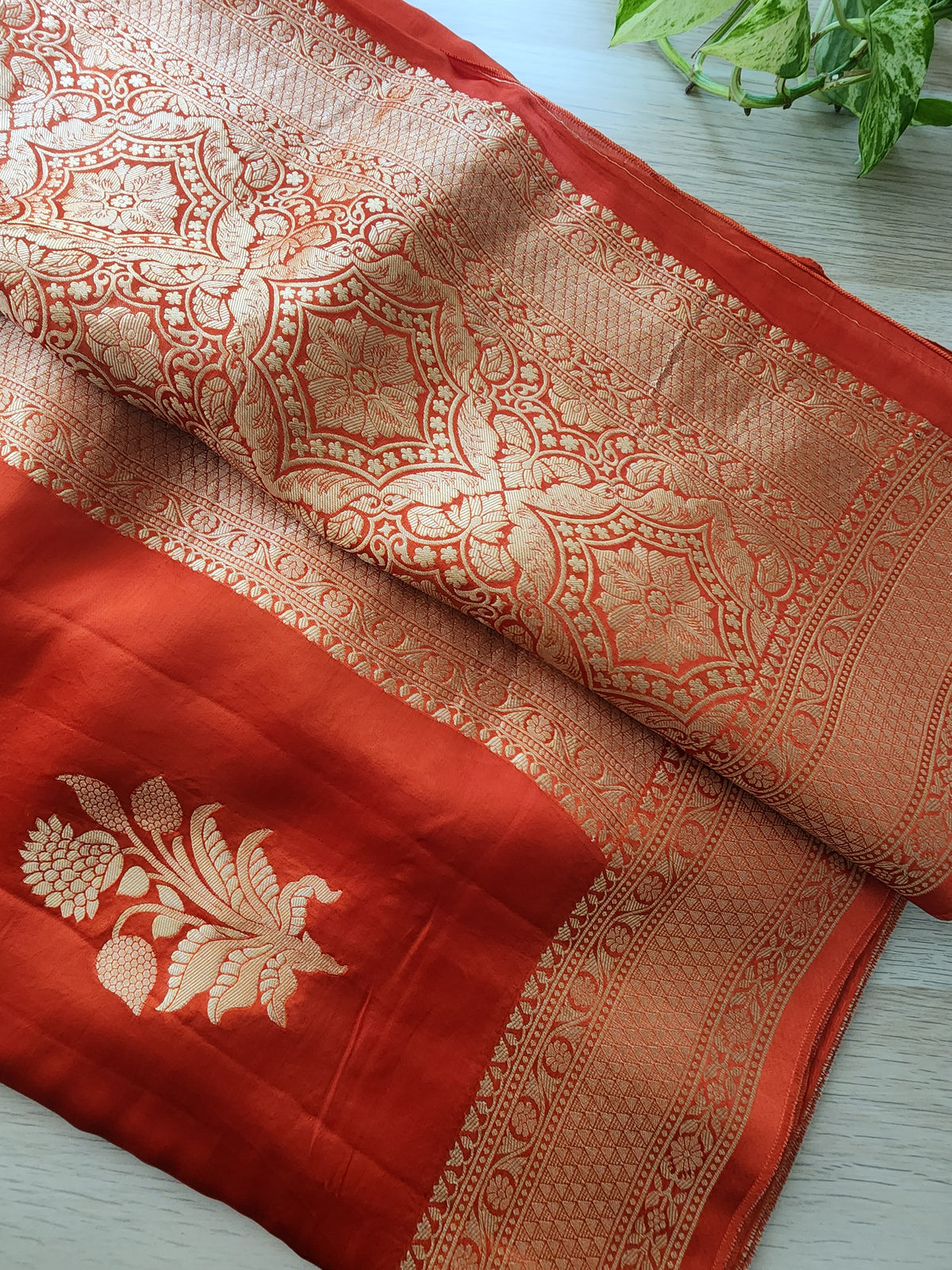 Burnt Orange Crepe Silk Saree with Gold Zari Border