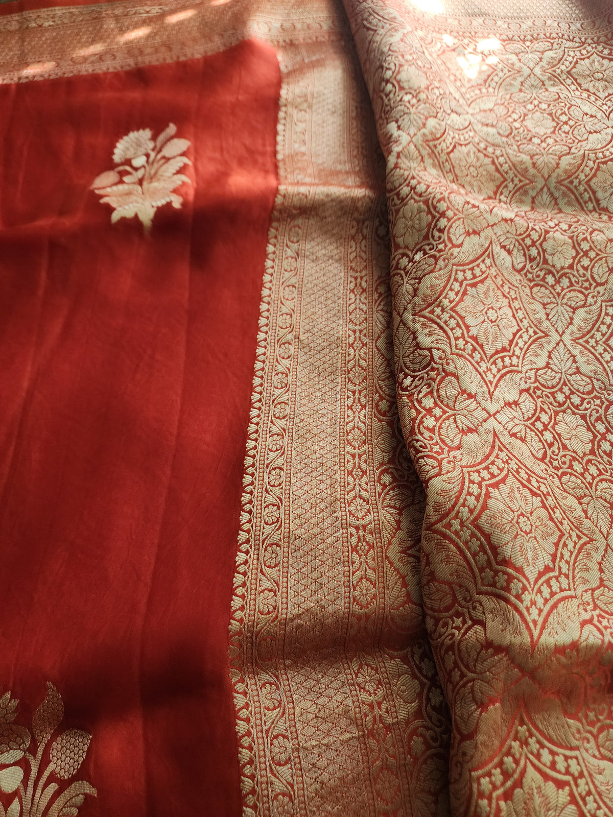 Burnt Orange Crepe Silk Saree with Gold Zari Border