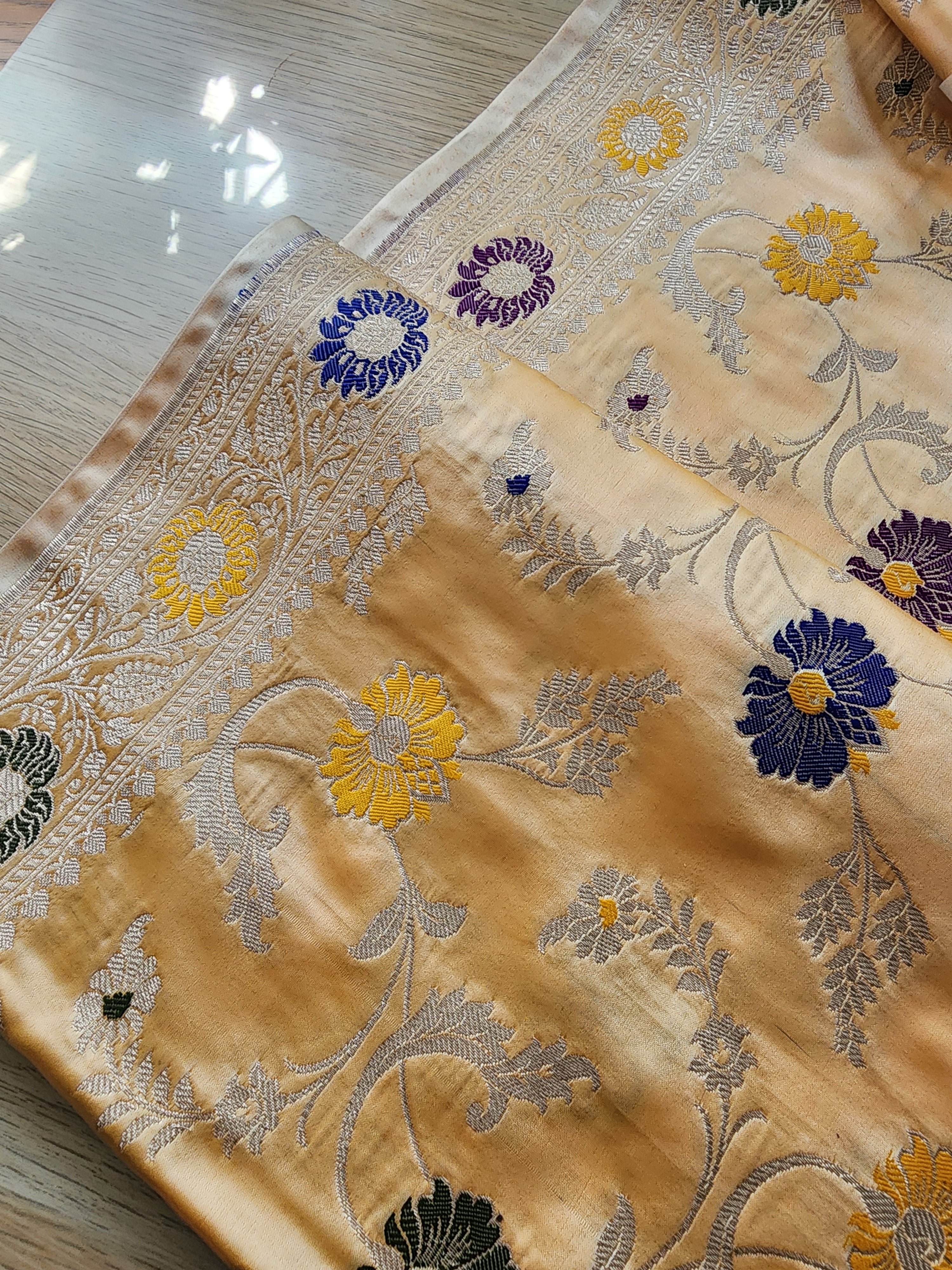 Enriched Banarasi Katan Silk Saree | Soft Peach Multicolor Meenakari Floral Jaal