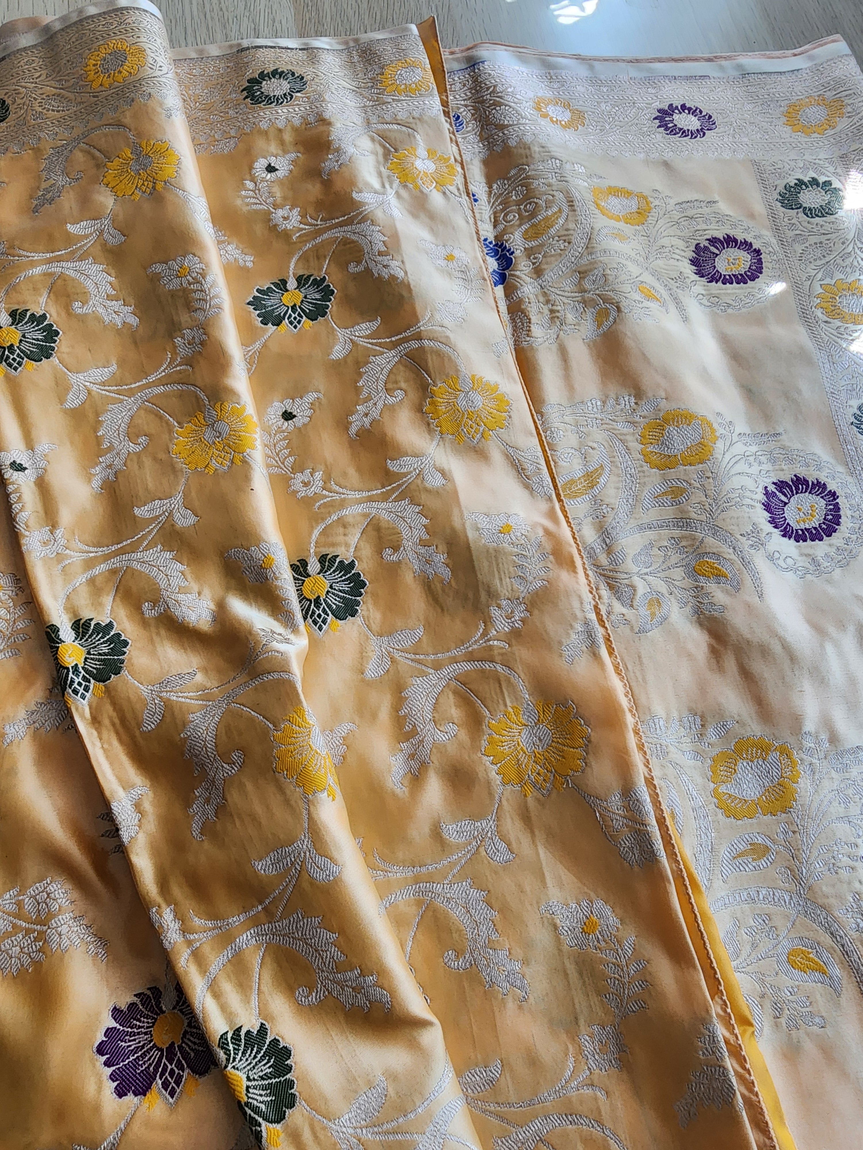 Enriched Banarasi Katan Silk Saree | Soft Peach Multicolor Meenakari Floral Jaal