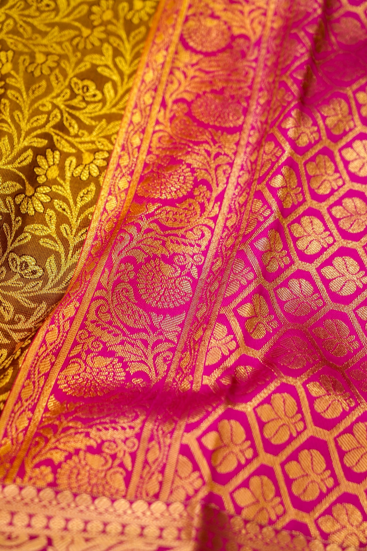 Devyani - Mustard Yellow Kanchi Pattu Silk Saree with Rani Pink Border