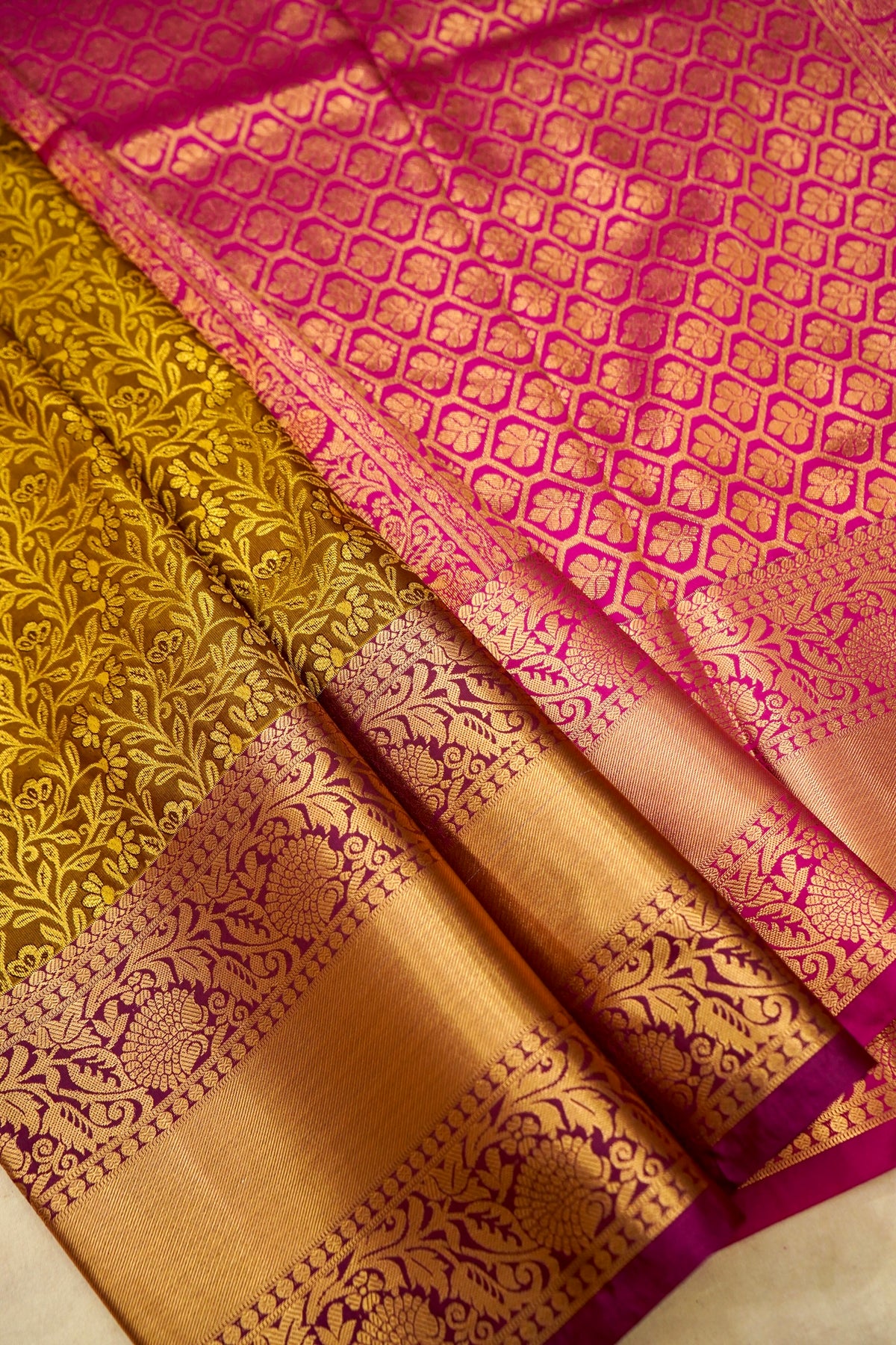 Devyani - Mustard Yellow Kanchi Pattu Silk Saree with Rani Pink Border