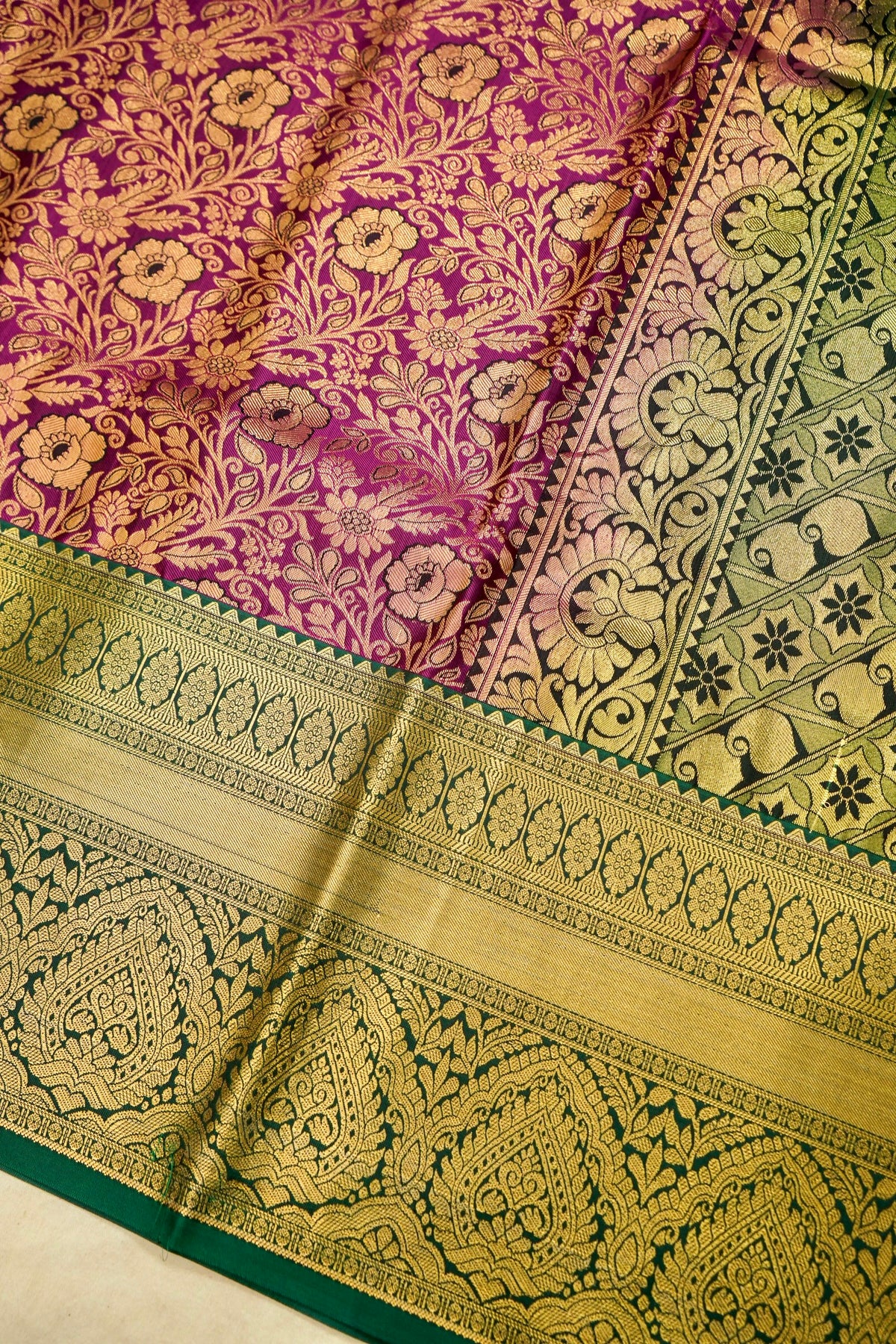 Devyani - Rani Pink Kanchi Pattu Silk Saree with Emerald Green Border