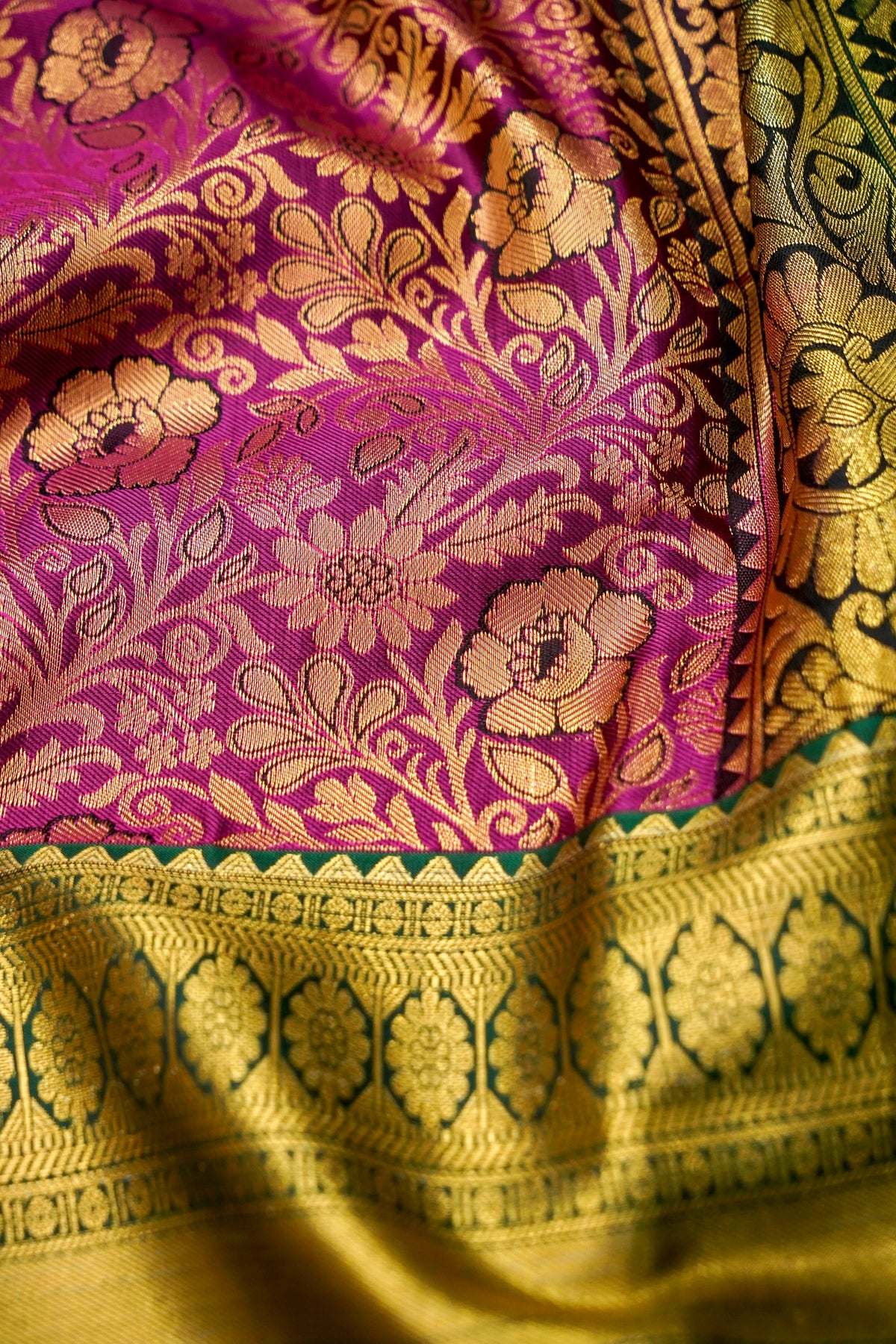 Devyani - Rani Pink Kanchi Pattu Silk Saree with Emerald Green Border