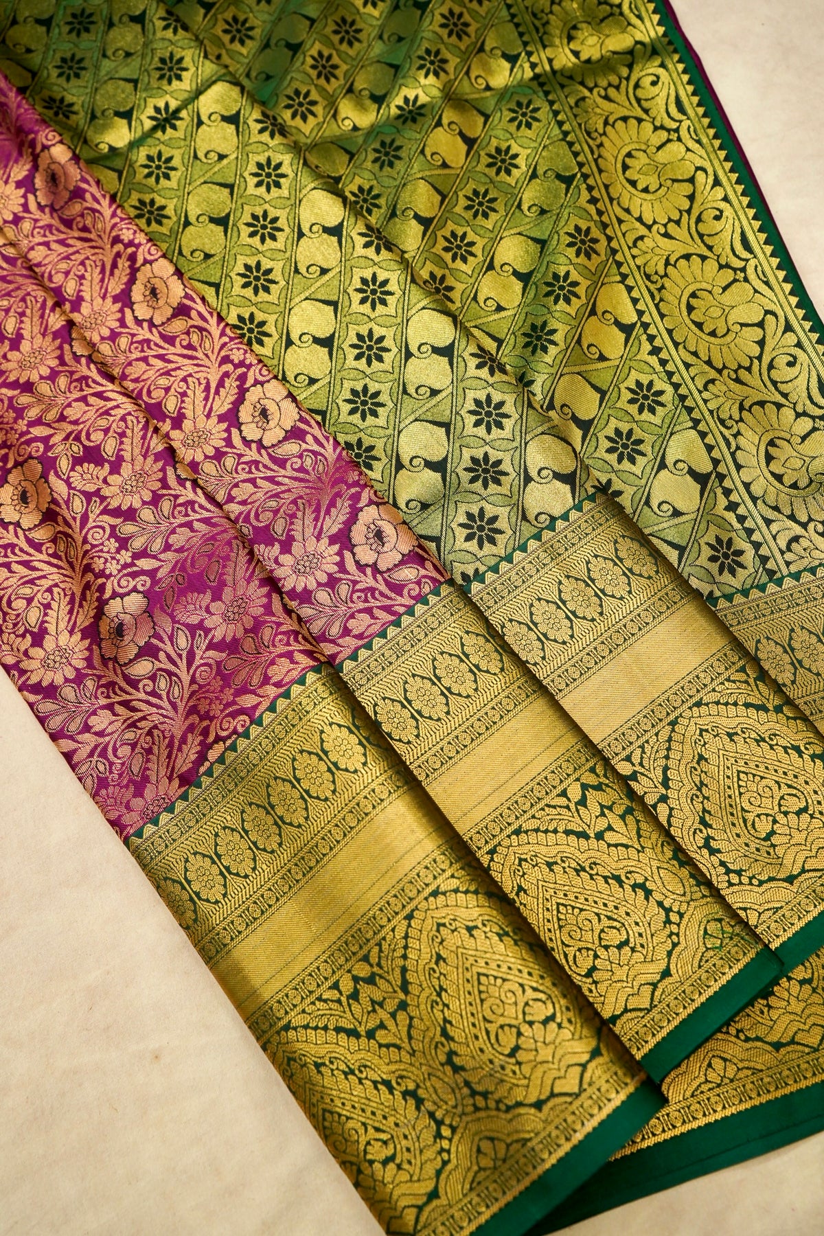 Devyani - Rani Pink Kanchi Pattu Silk Saree with Emerald Green Border