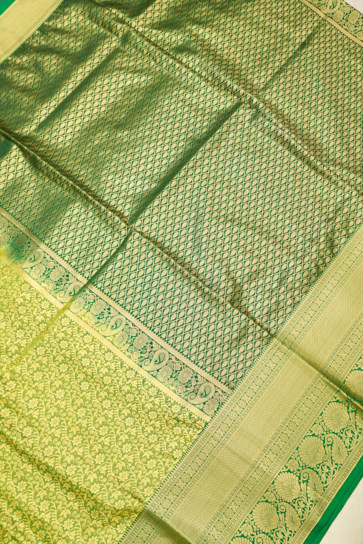 Devyani - Lime Green Kanchi Pattu Silk Saree with Emerald Green Border