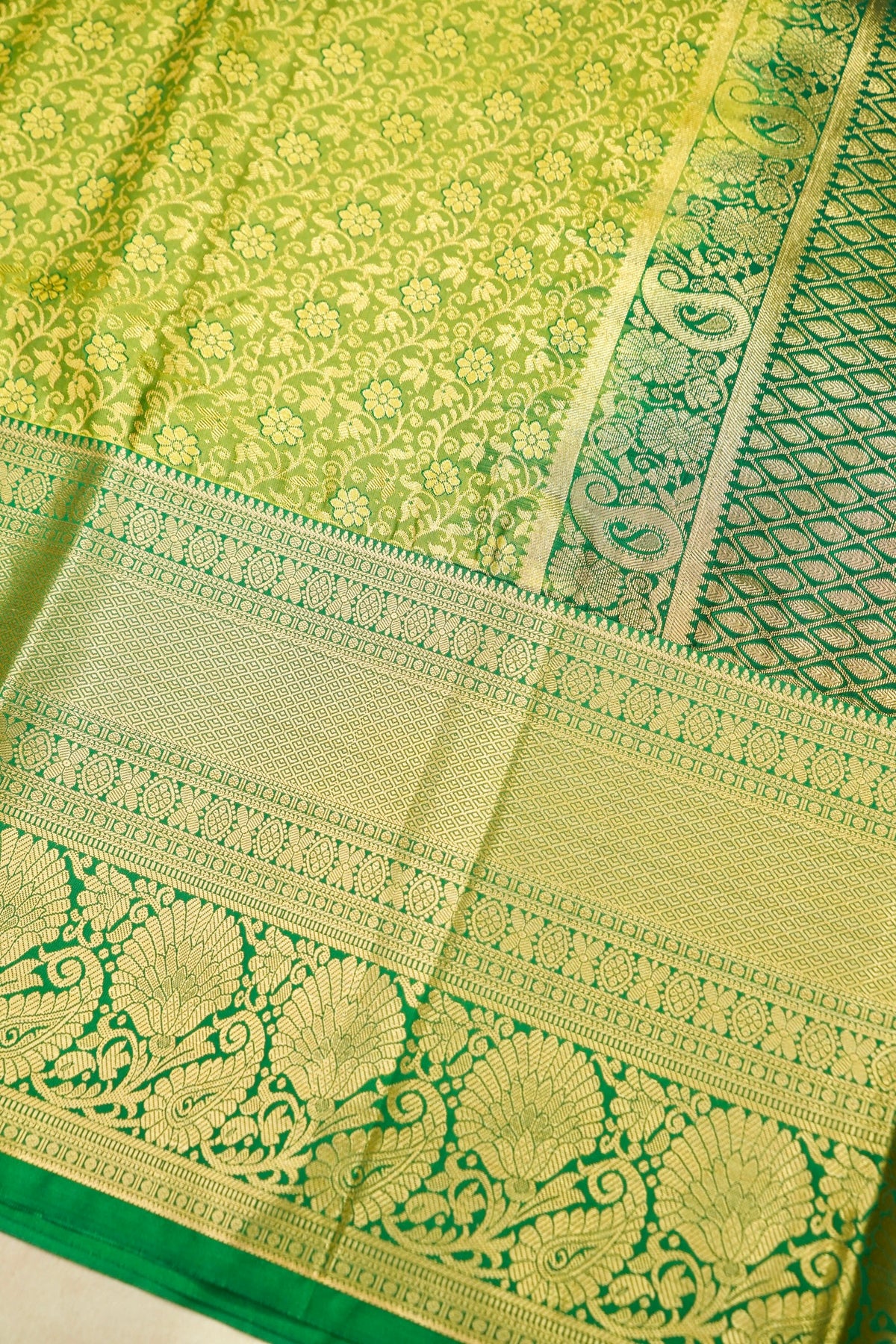 Devyani - Lime Green Kanchi Pattu Silk Saree with Emerald Green Border
