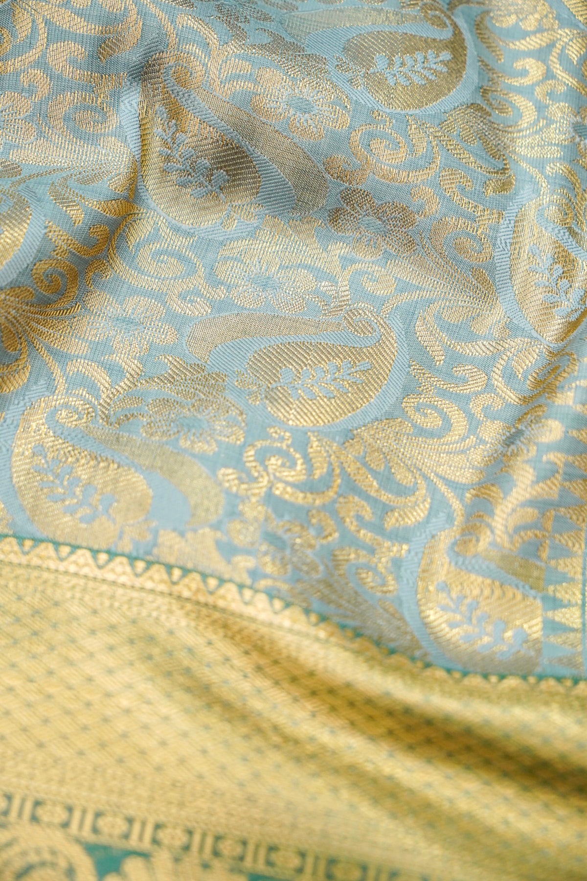 Devyani - Sky Blue Kanchi Pattu Silk Saree with Teal Green Border