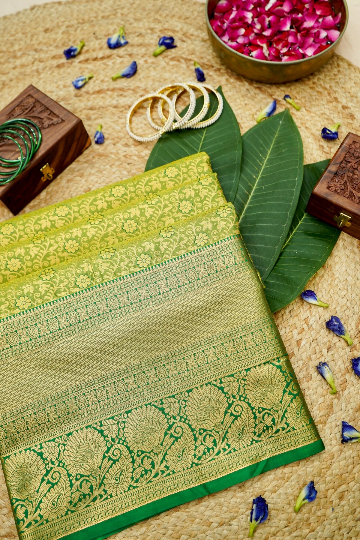 Devyani - Lime Green Kanchi Pattu Silk Saree with Emerald Green Border