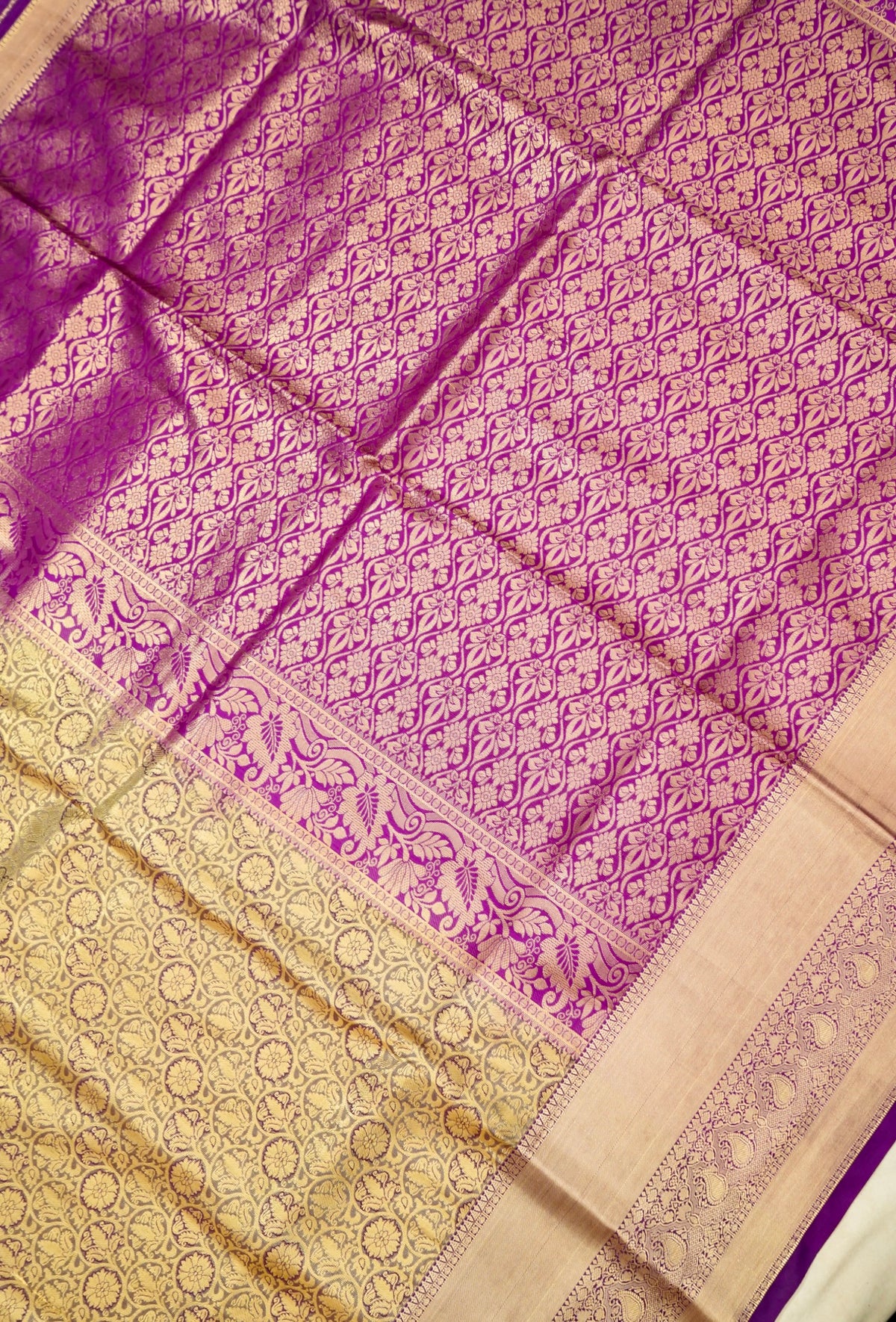 Devyani - Champagne Kanchi Pattu Silk Saree with Purple Border
