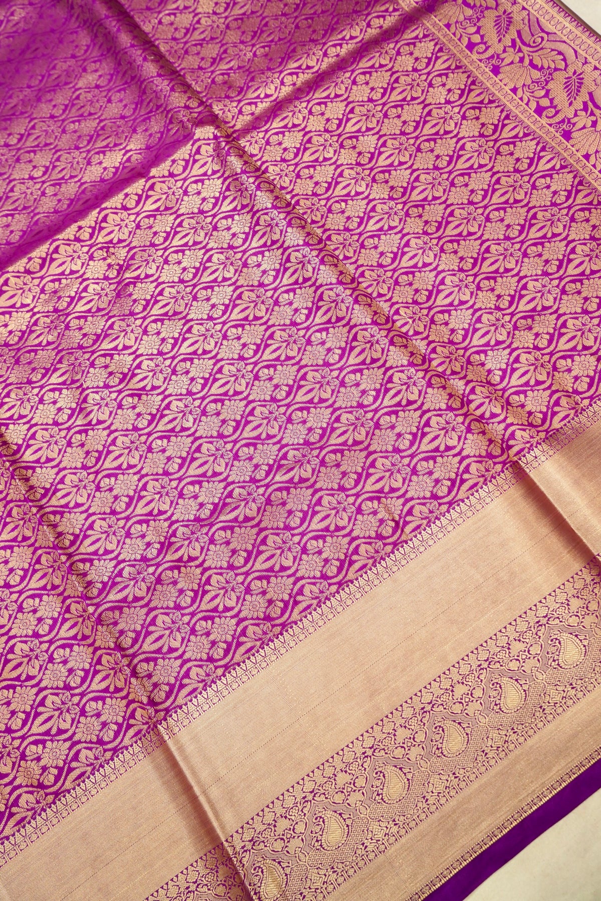 Devyani - Champagne Kanchi Pattu Silk Saree with Purple Border