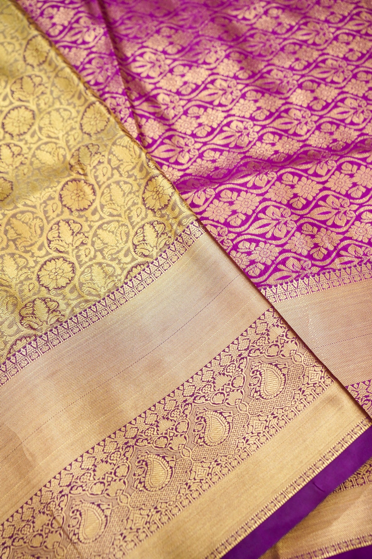 Devyani - Champagne Kanchi Pattu Silk Saree with Purple Border