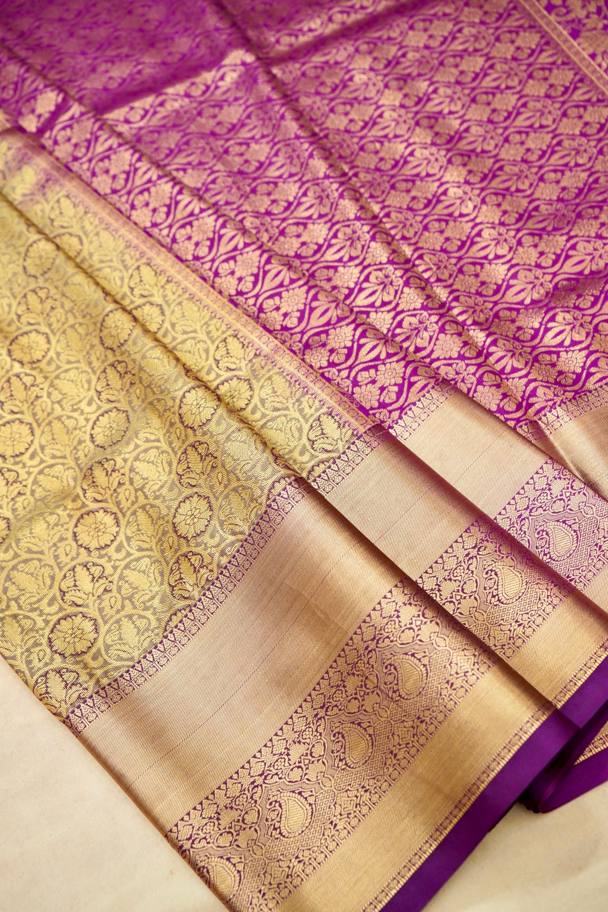 Devyani - Champagne Kanchi Pattu Silk Saree with Purple Border