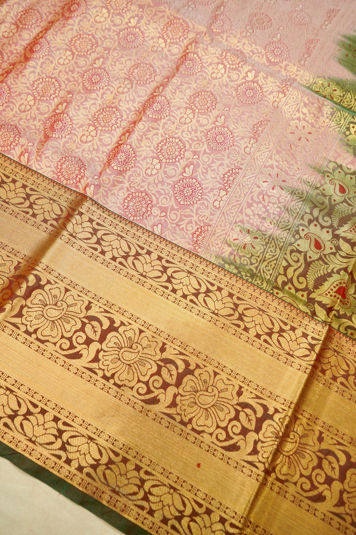 Devyani - Dusty Rose Kanchi Pattu Silk Saree with Antique Gold Border