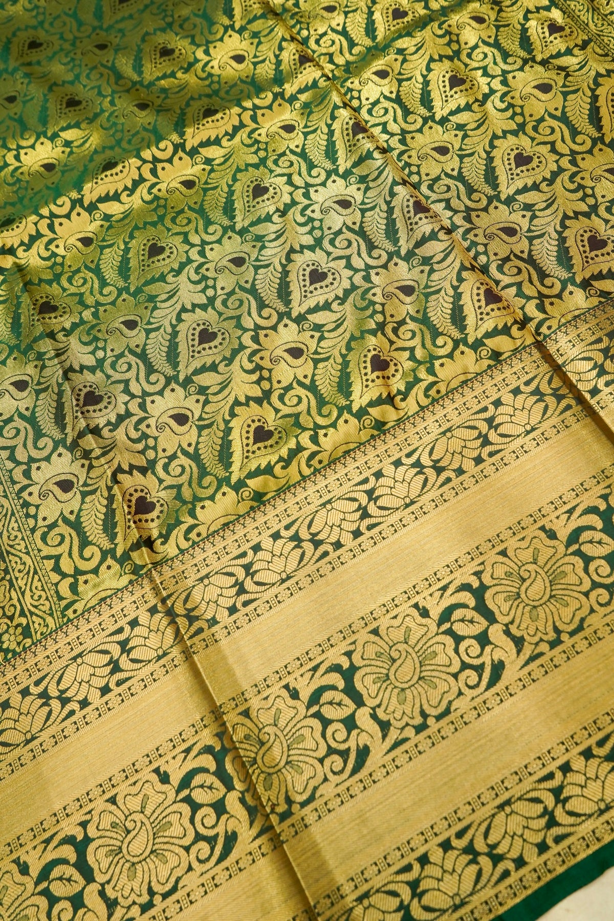 Devyani - Olive Green Kanchi Pattu Silk Saree with Antique Gold Border