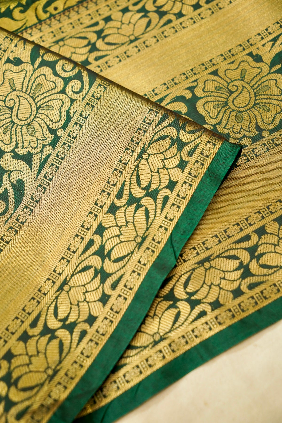 Devyani - Olive Green Kanchi Pattu Silk Saree with Antique Gold Border