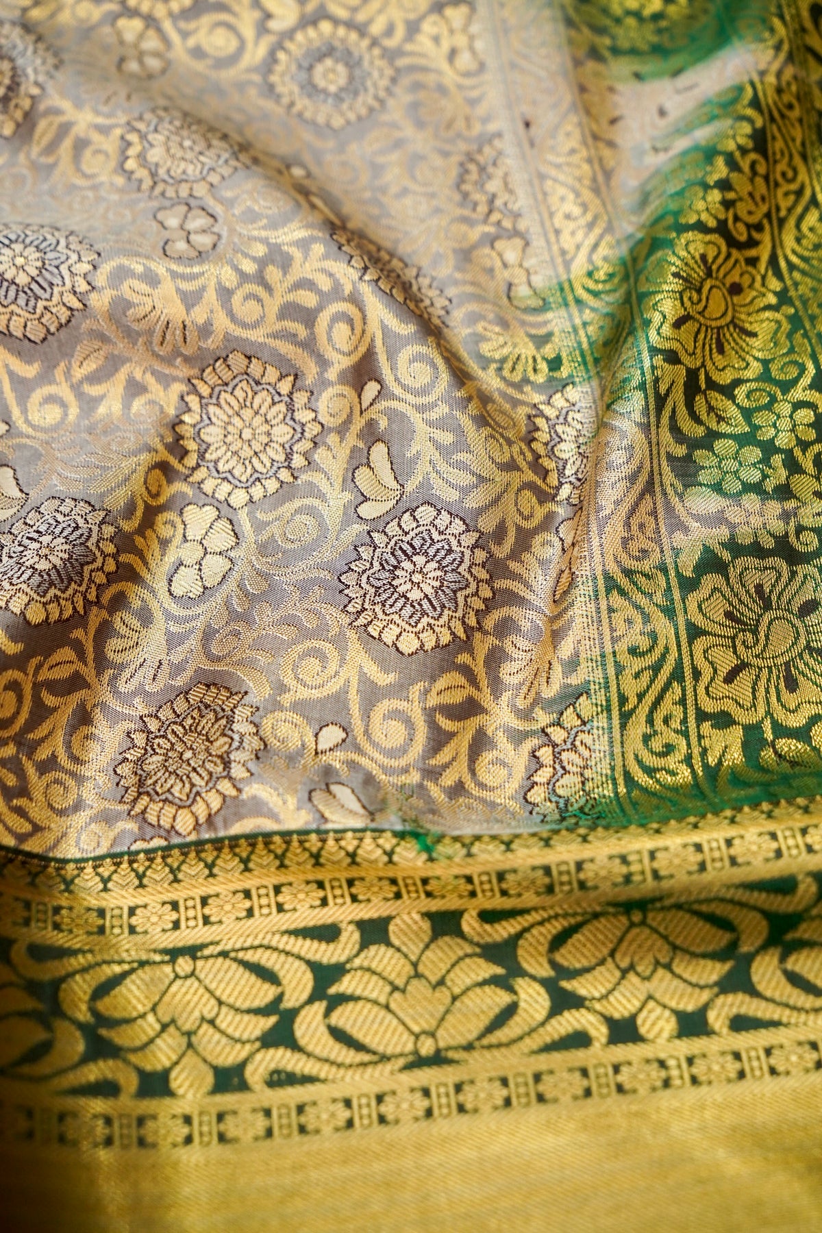 Devyani - Olive Green Kanchi Pattu Silk Saree with Antique Gold Border