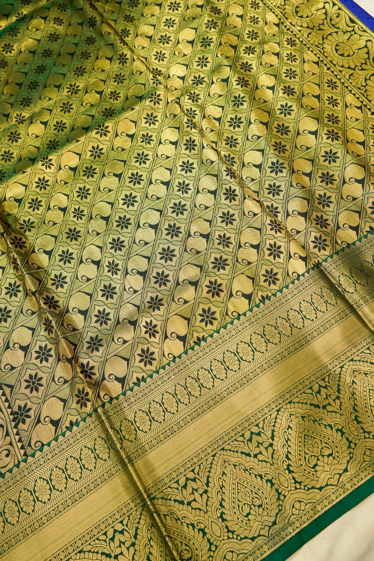 Devyani - Royal Blue Kanchi Pattu Silk Saree with Emerald Green Border