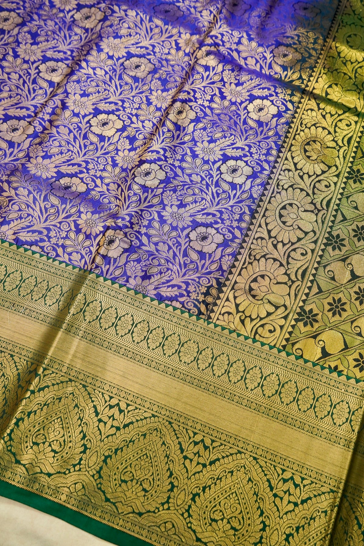 Devyani - Royal Blue Kanchi Pattu Silk Saree with Emerald Green Border