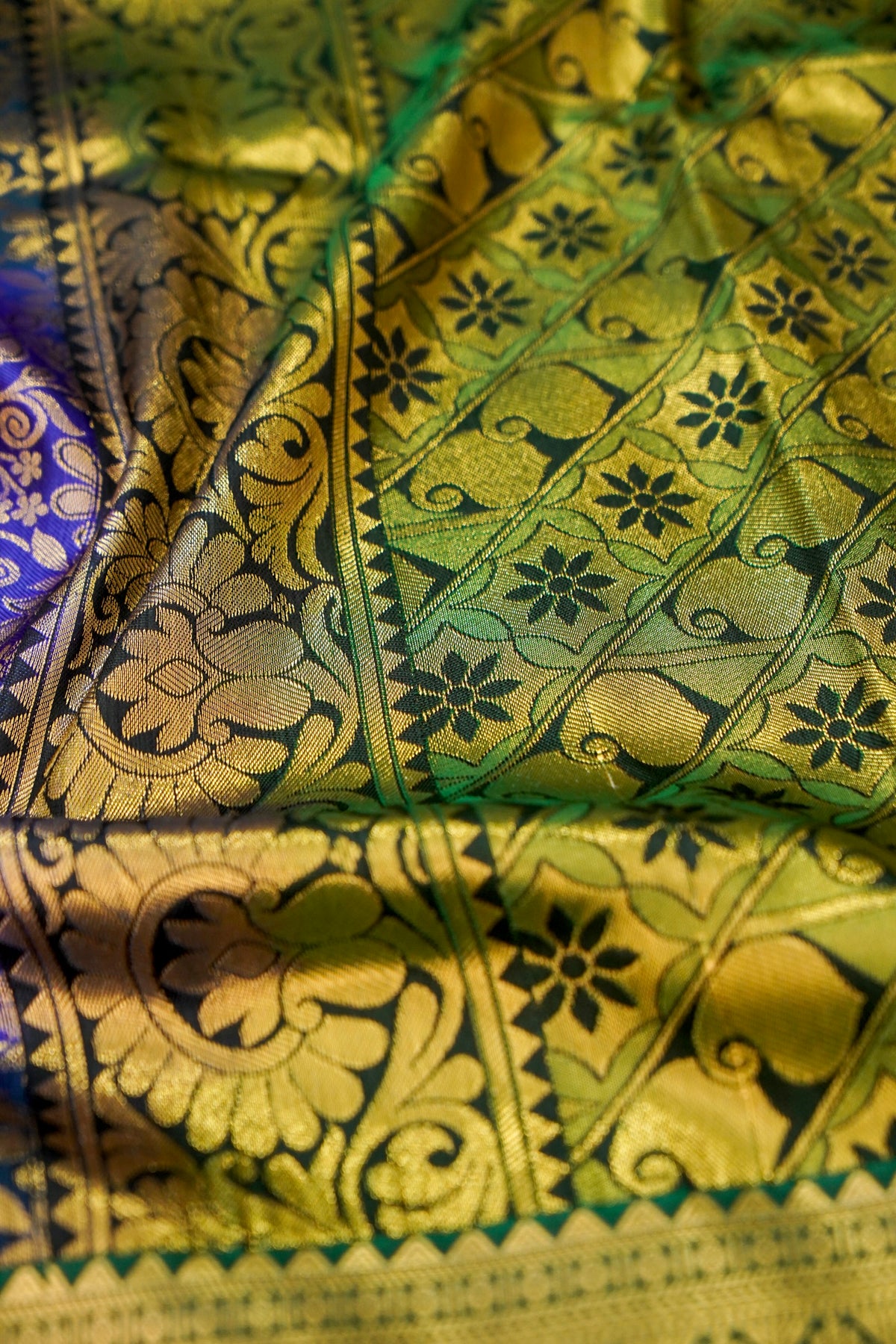 Devyani - Royal Blue Kanchi Pattu Silk Saree with Emerald Green Border