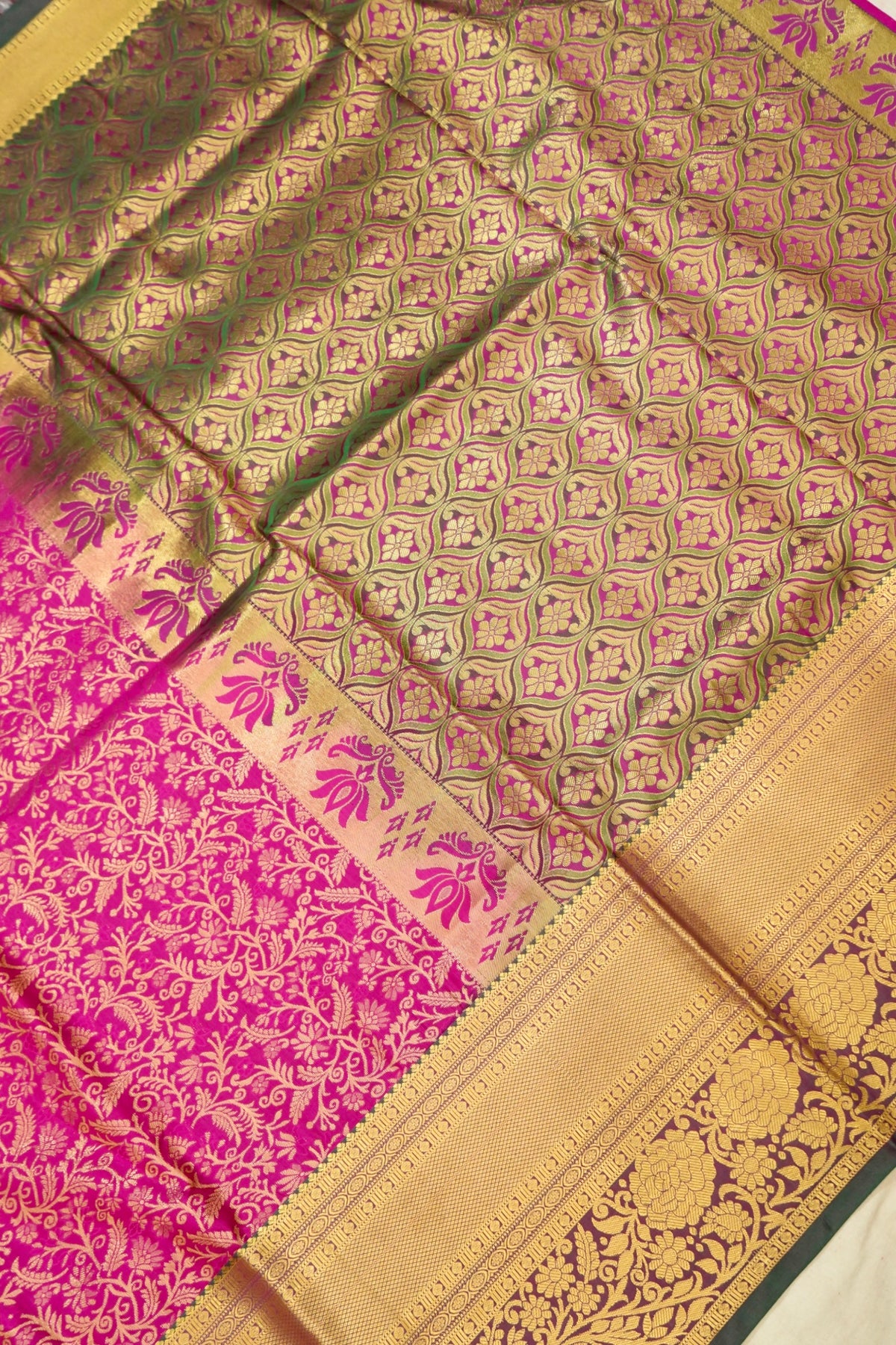 Devyani - Hot Pink Kanchi Pattu Silk Saree with Dark Green Border