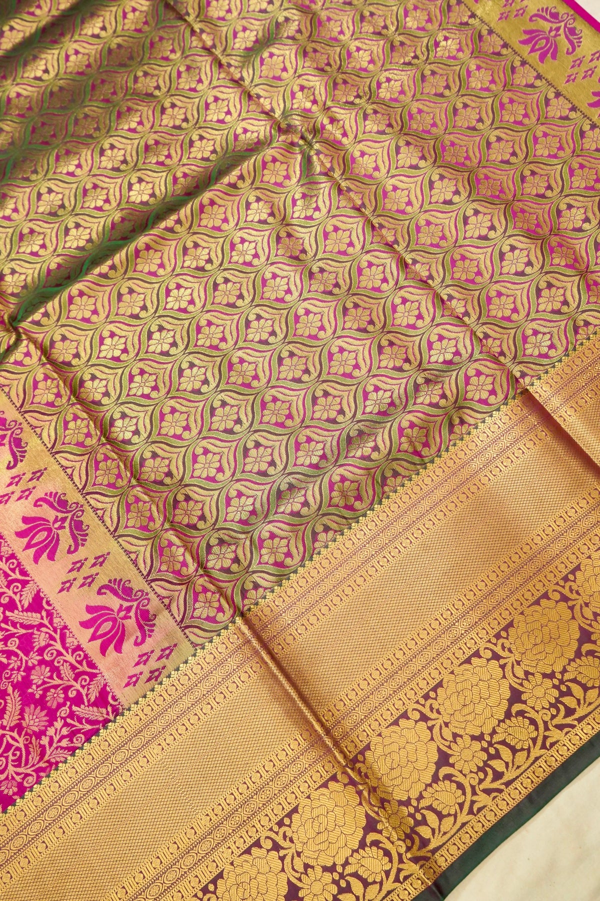 Devyani - Hot Pink Kanchi Pattu Silk Saree with Dark Green Border