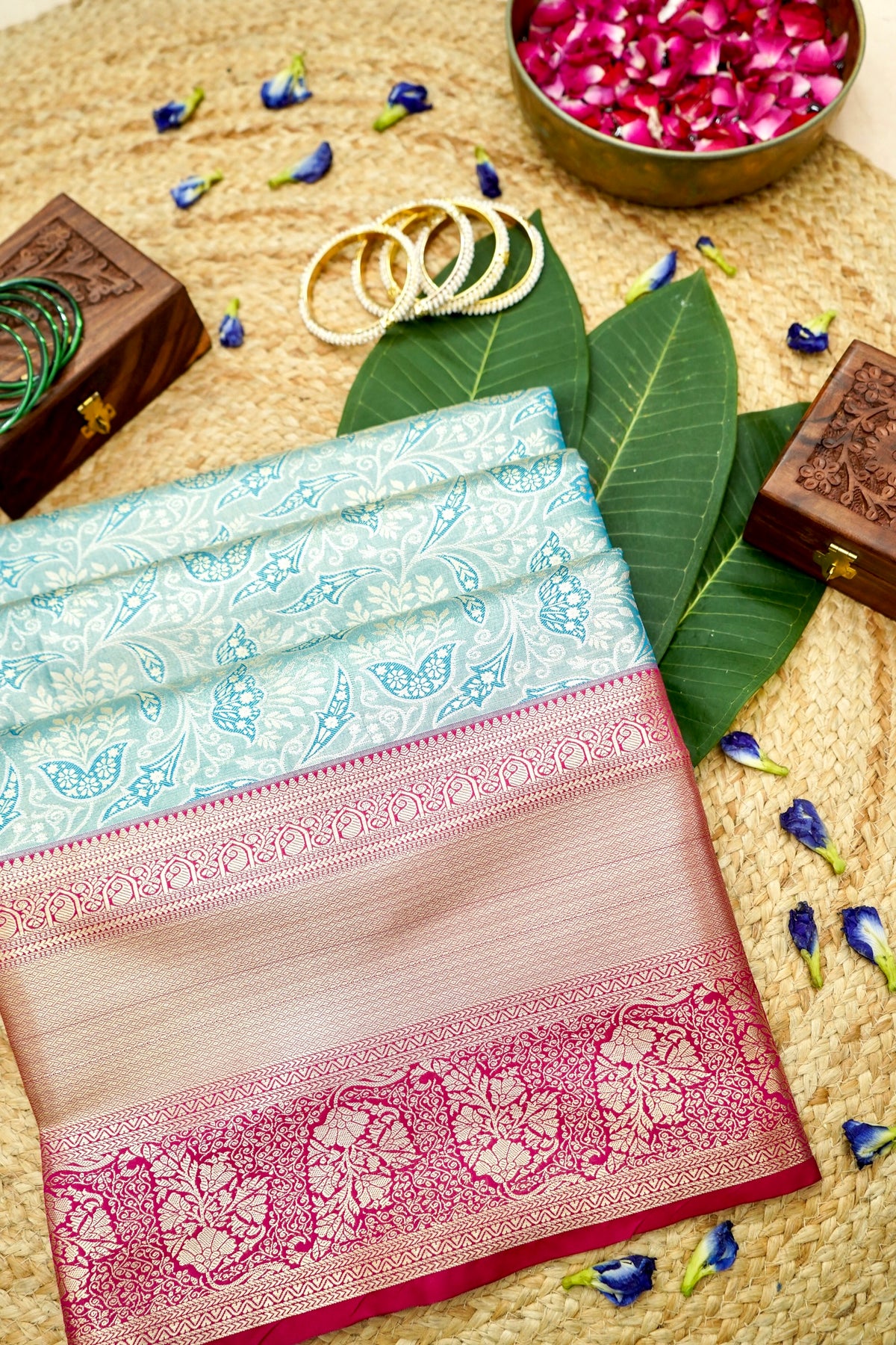 Devyani - Aqua Blue Kanchi Pattu Silk Saree with Rani Pink Korvai Border