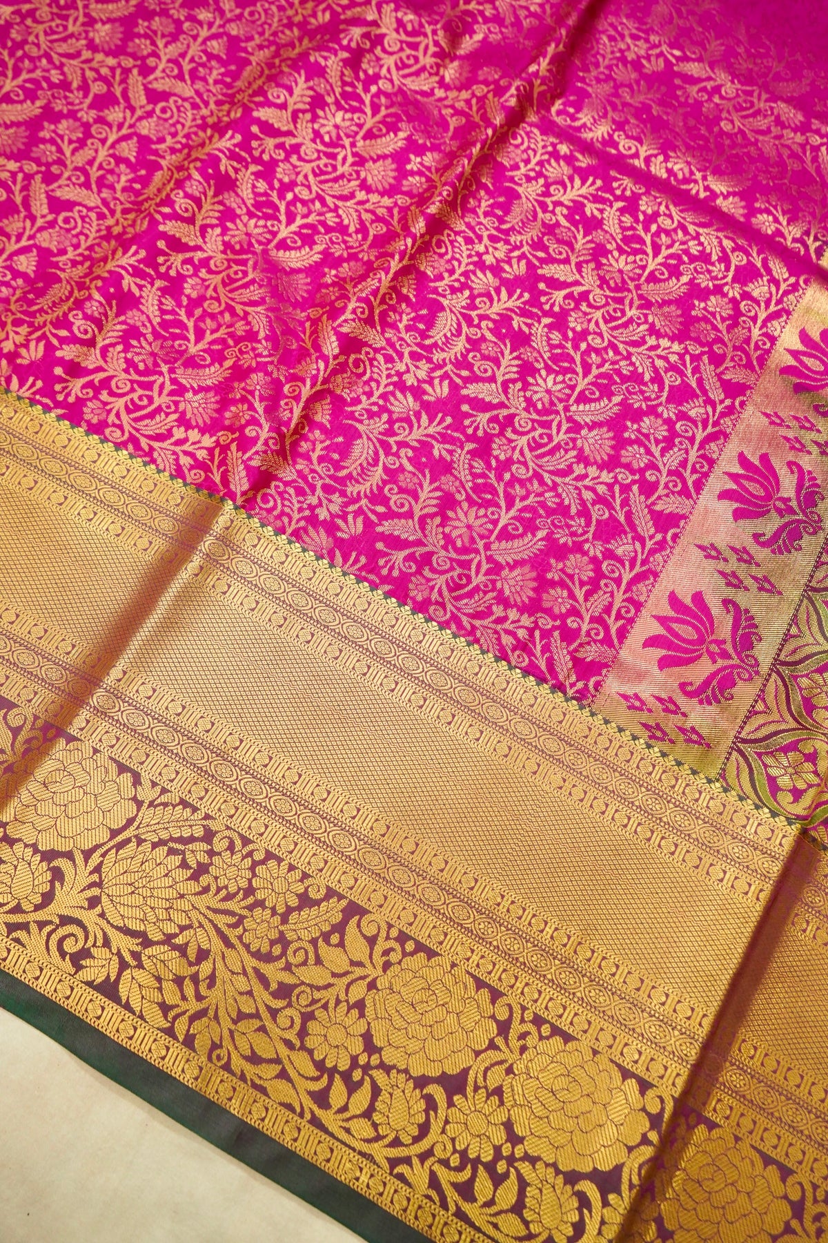 Devyani - Hot Pink Kanchi Pattu Silk Saree with Dark Green Border