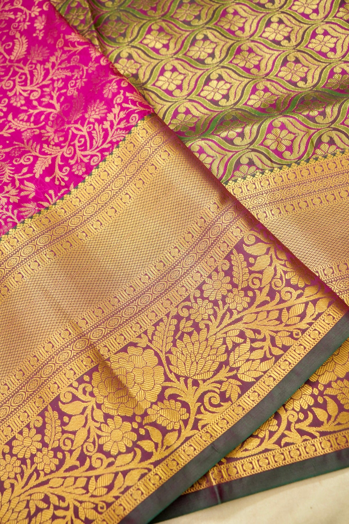 Devyani - Hot Pink Kanchi Pattu Silk Saree with Dark Green Border