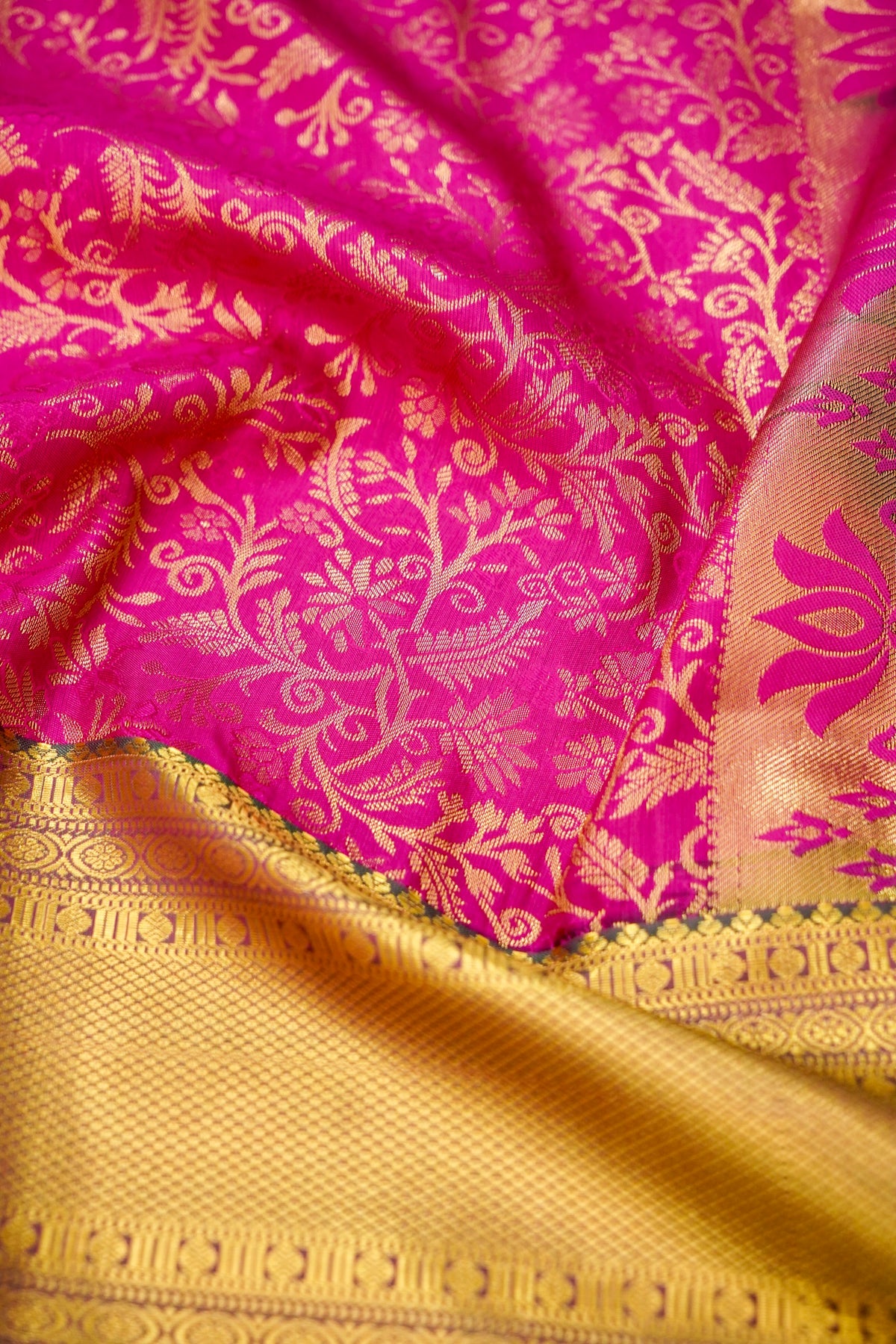 Devyani - Hot Pink Kanchi Pattu Silk Saree with Dark Green Border