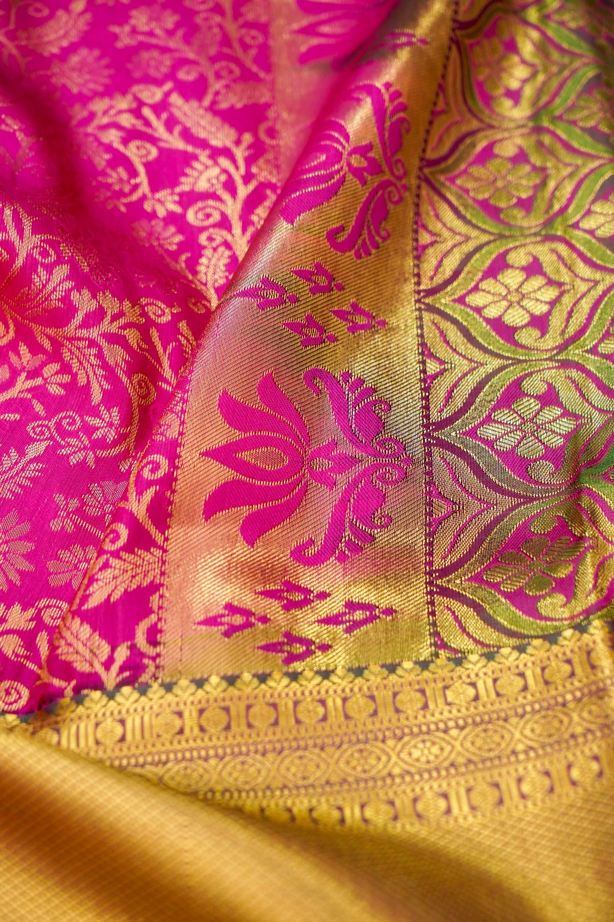 Devyani - Hot Pink Kanchi Pattu Silk Saree with Dark Green Border