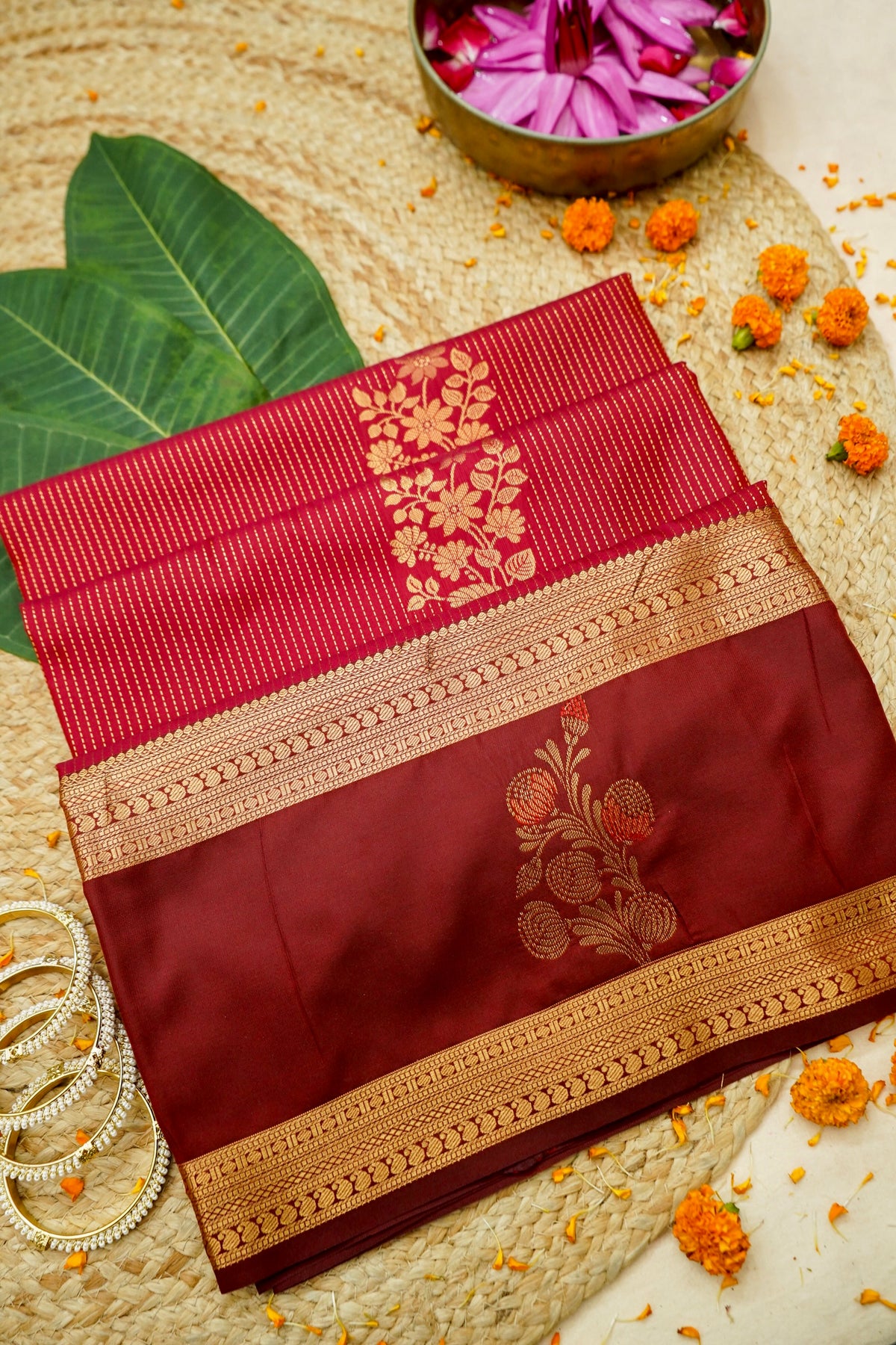 Devyani - Ruby Red Kanjivaram Silk Saree with Maroon Korvai Border