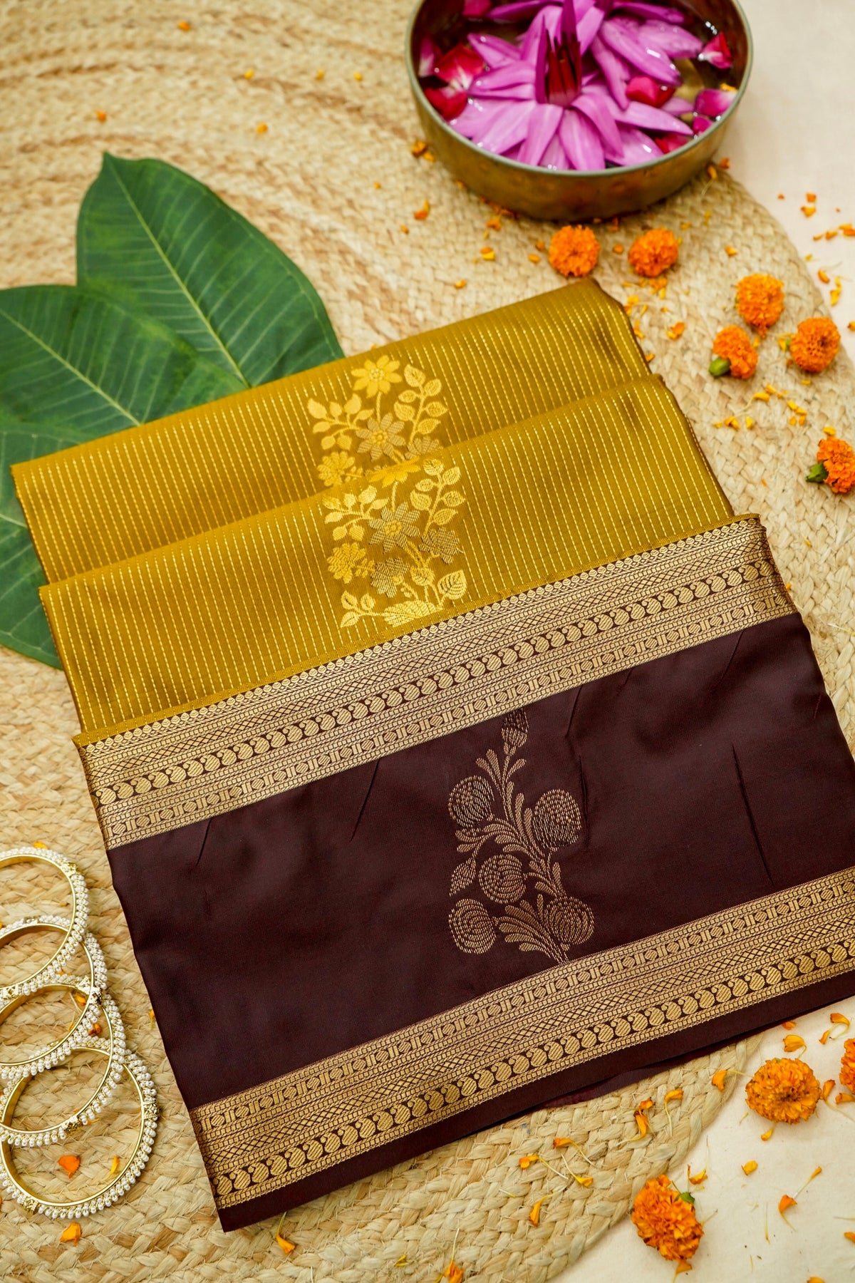 Devyani - Mustard Gold Kanjivaram Silk Saree with Brown Purple Korvai Border