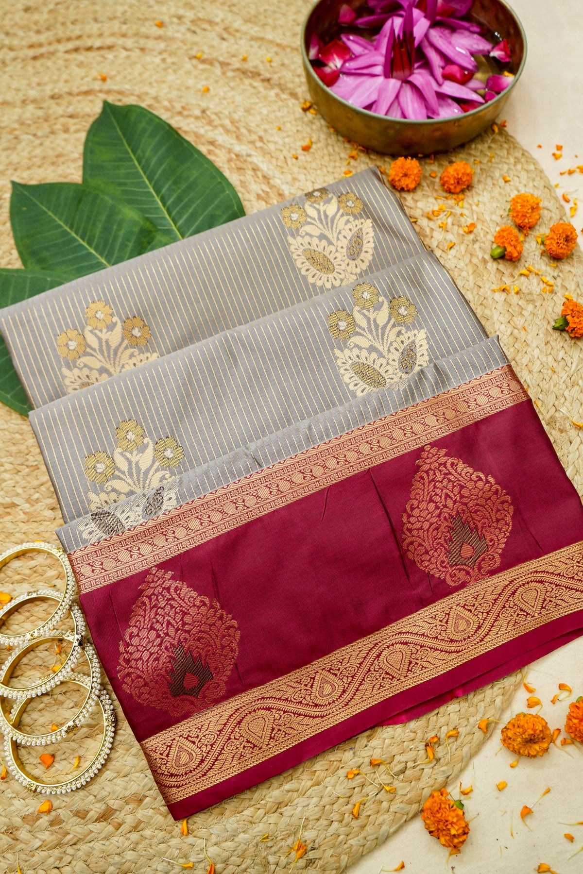 Devyani - Silver Grey Kanjivaram Silk Saree with Magenta Korvai Border