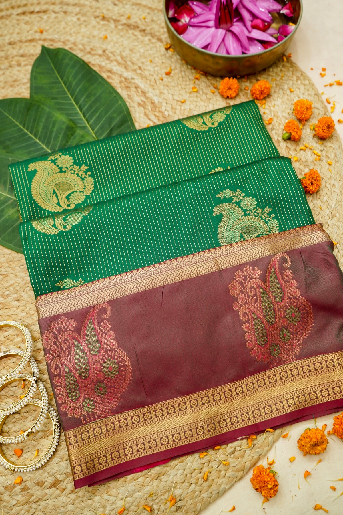 Devyani - Emerald Green Kanjivaram Silk Saree with Mauve Korvai Border
