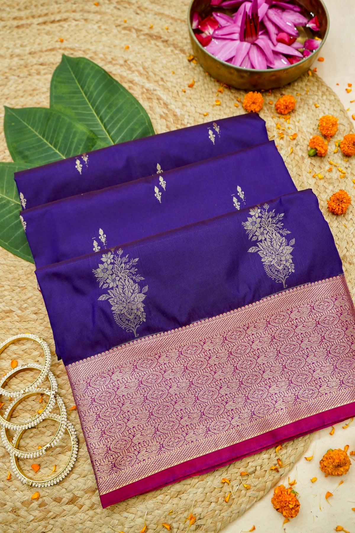 Devyani - Violet Vintage Style Kanjivaram Silk Saree with Magenta Pink Korvai Border