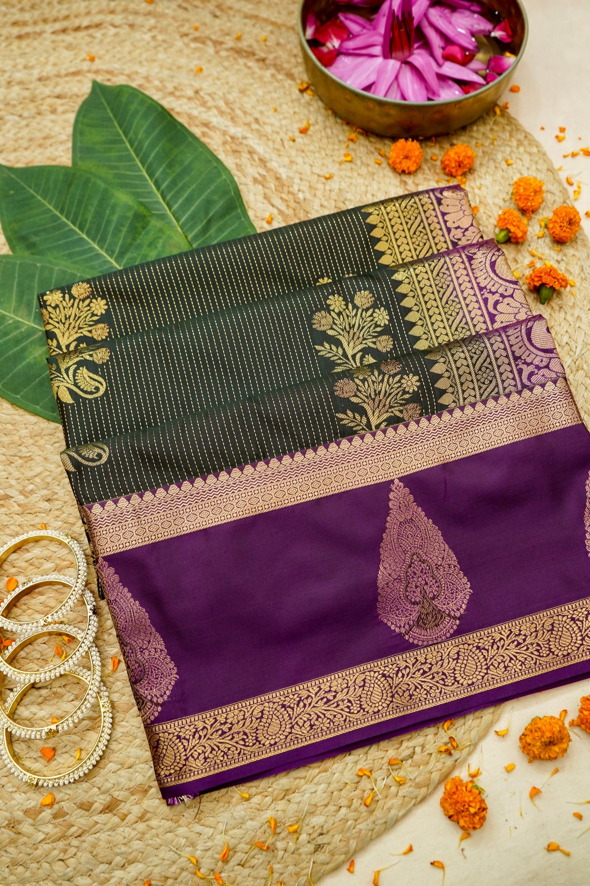 Devyani - Black Kanjivaram Silk Saree with Royal Purple Korvai Border