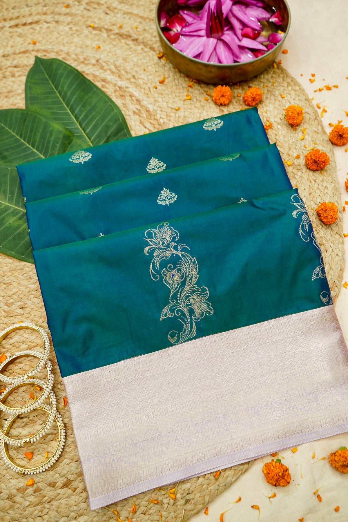 Devyani - Peacock Teal Vintage Style Kanjivaram Silk Saree with Lavender Korvai Border