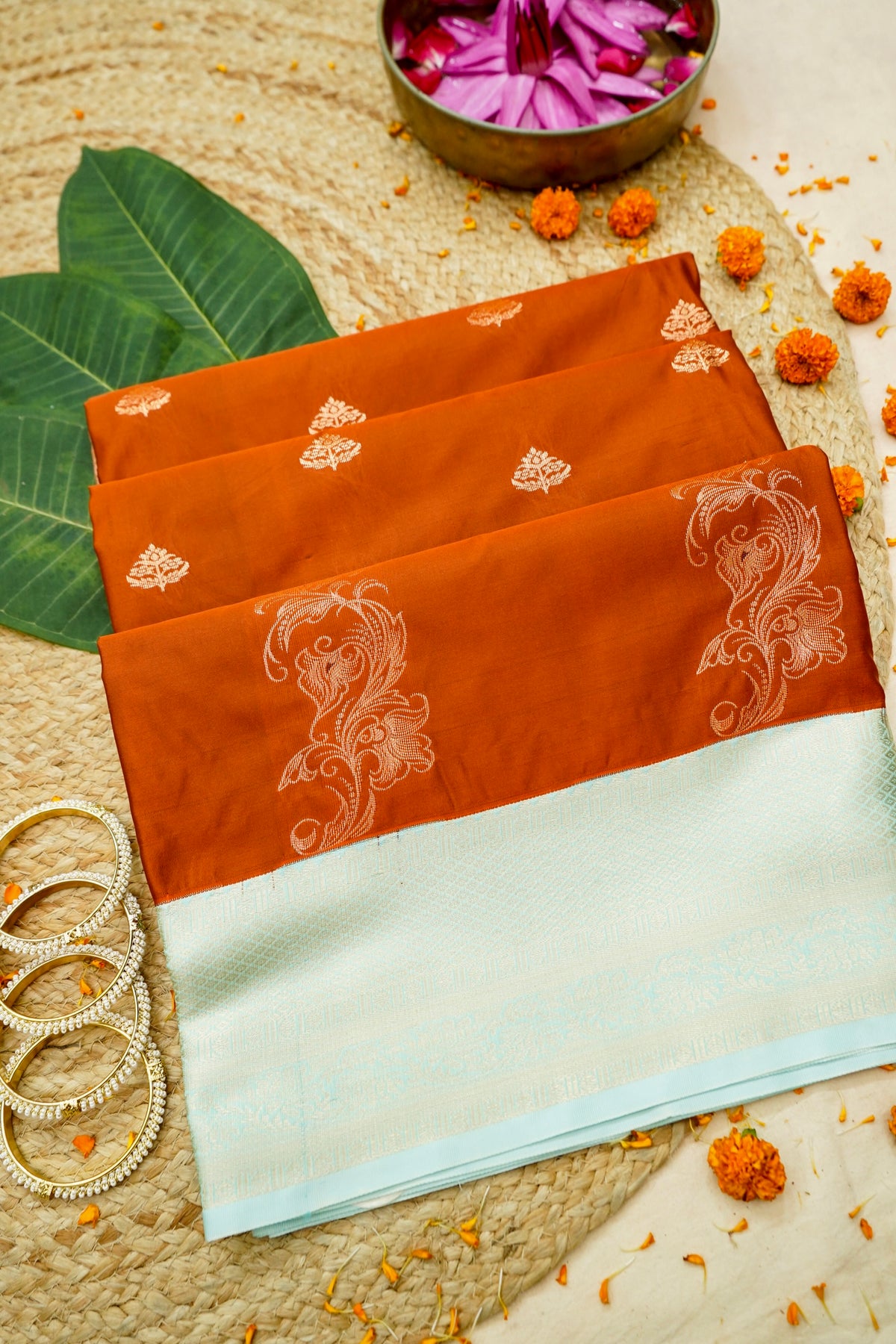 Devyani - Burnt Orange Vintage Style Kanjivaram Silk Saree with Ice Blue Korvai Border