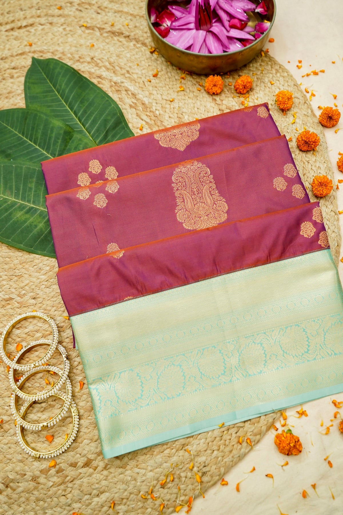 Devyani - Mauve Vintage Style Kanjivaram Silk Saree with Seafoam Green Korvai Border