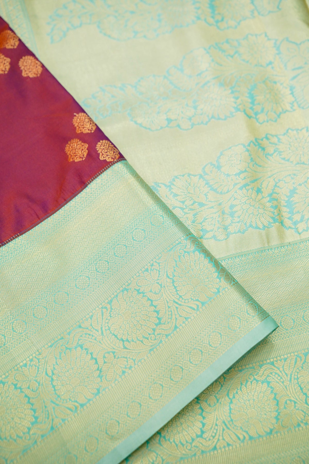 Devyani - Mauve Vintage Style Kanjivaram Silk Saree with Seafoam Green Korvai Border