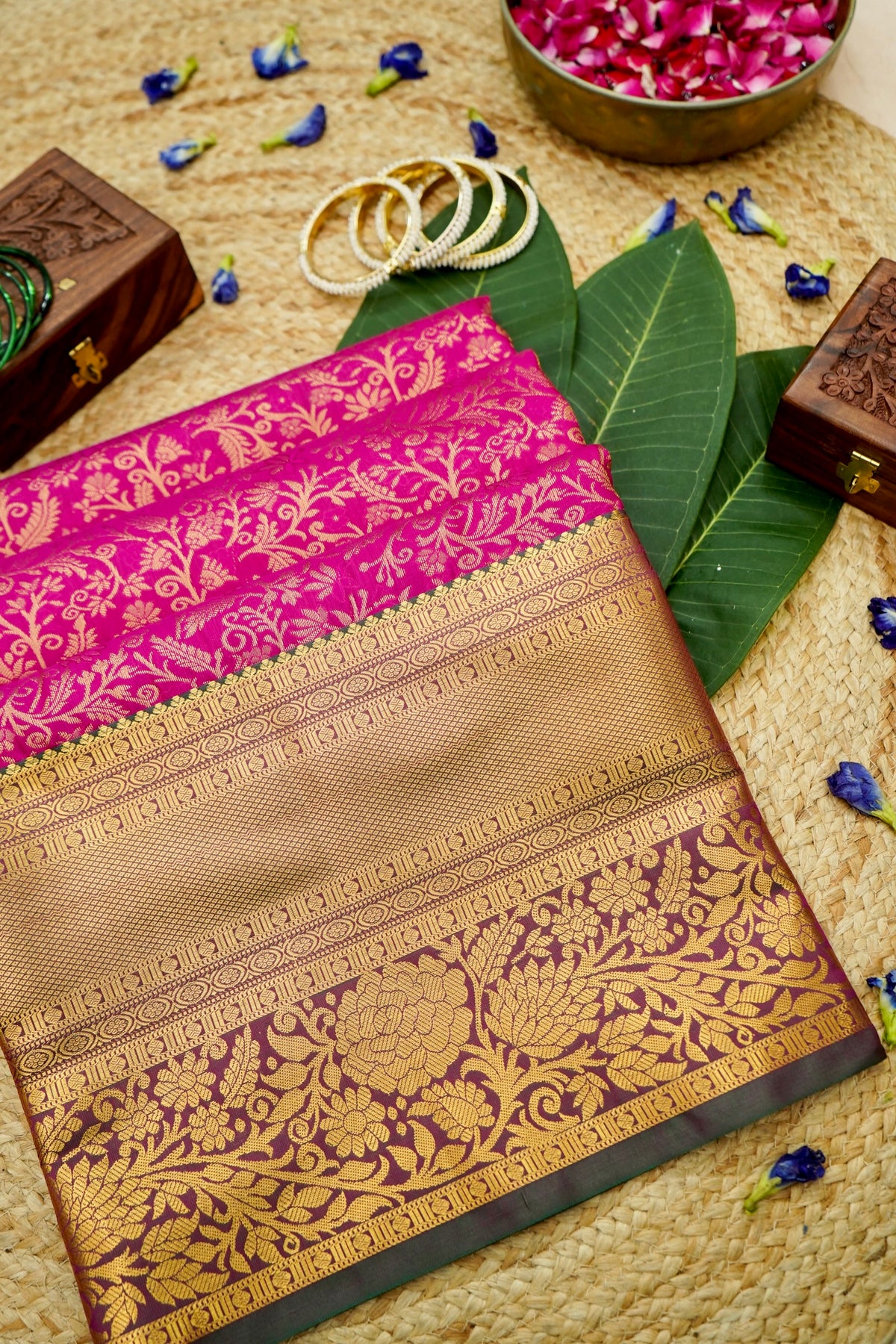 Devyani - Hot Pink Kanchi Pattu Silk Saree with Dark Green Border