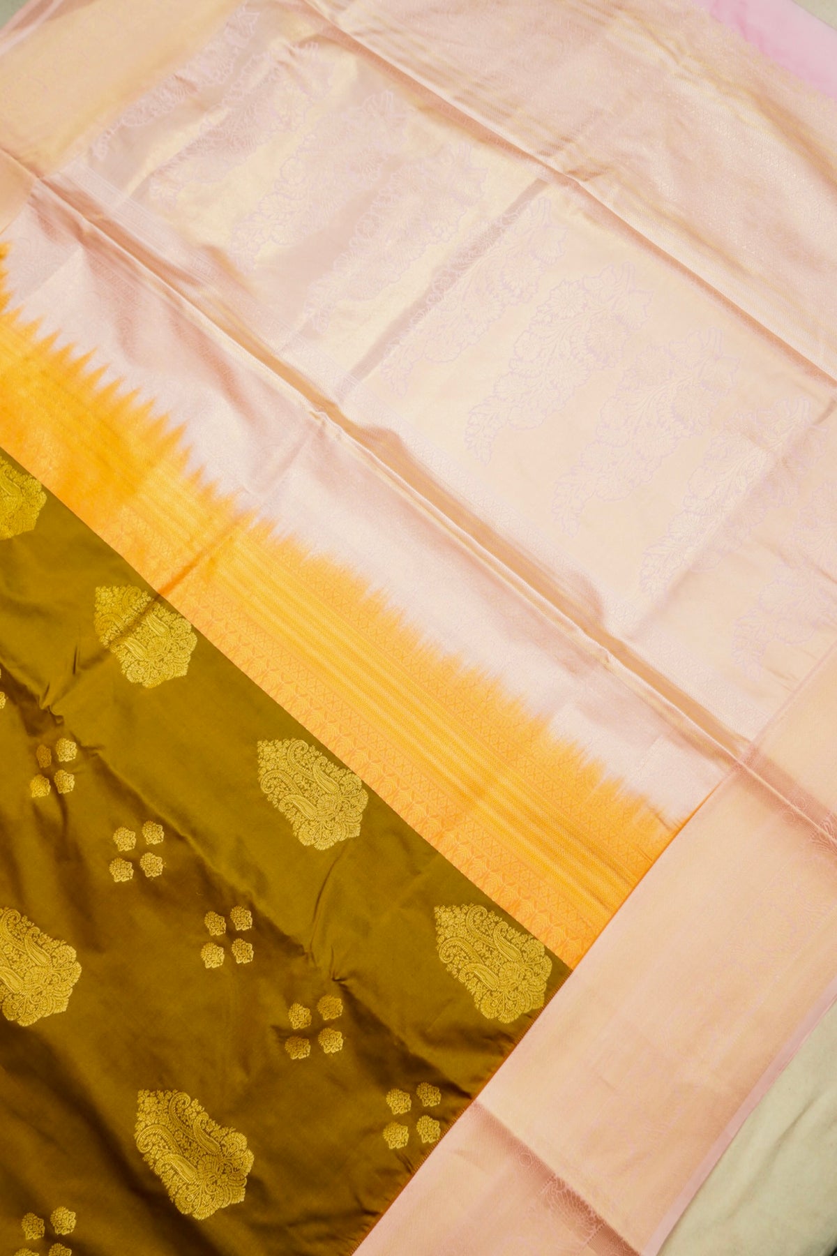 Devyani - Mustard Gold Vintage Style Kanjivaram Silk Saree with Blush Pink Korvai Border