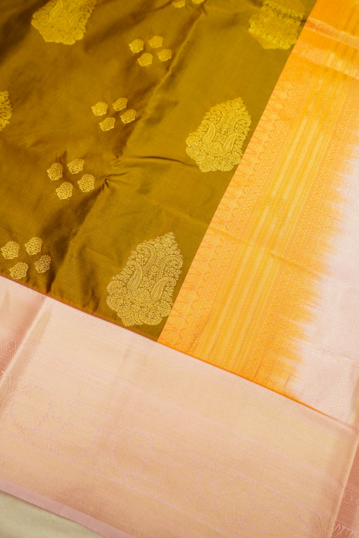 Devyani - Mustard Gold Vintage Style Kanjivaram Silk Saree with Blush Pink Korvai Border