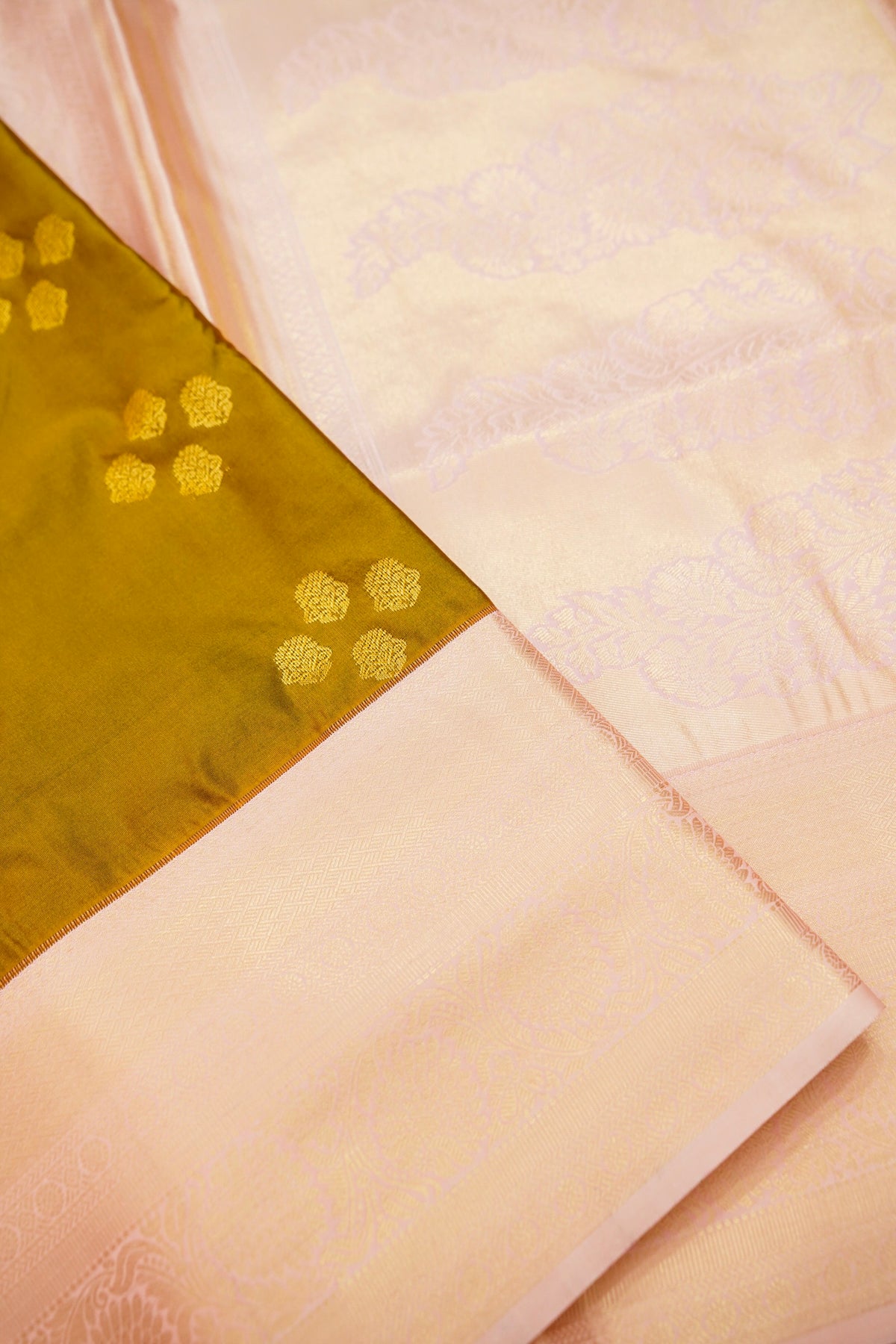 Devyani - Mustard Gold Vintage Style Kanjivaram Silk Saree with Blush Pink Korvai Border