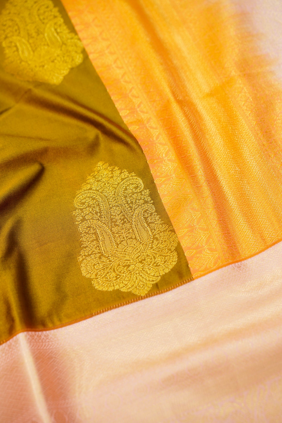 Devyani - Mustard Gold Vintage Style Kanjivaram Silk Saree with Blush Pink Korvai Border