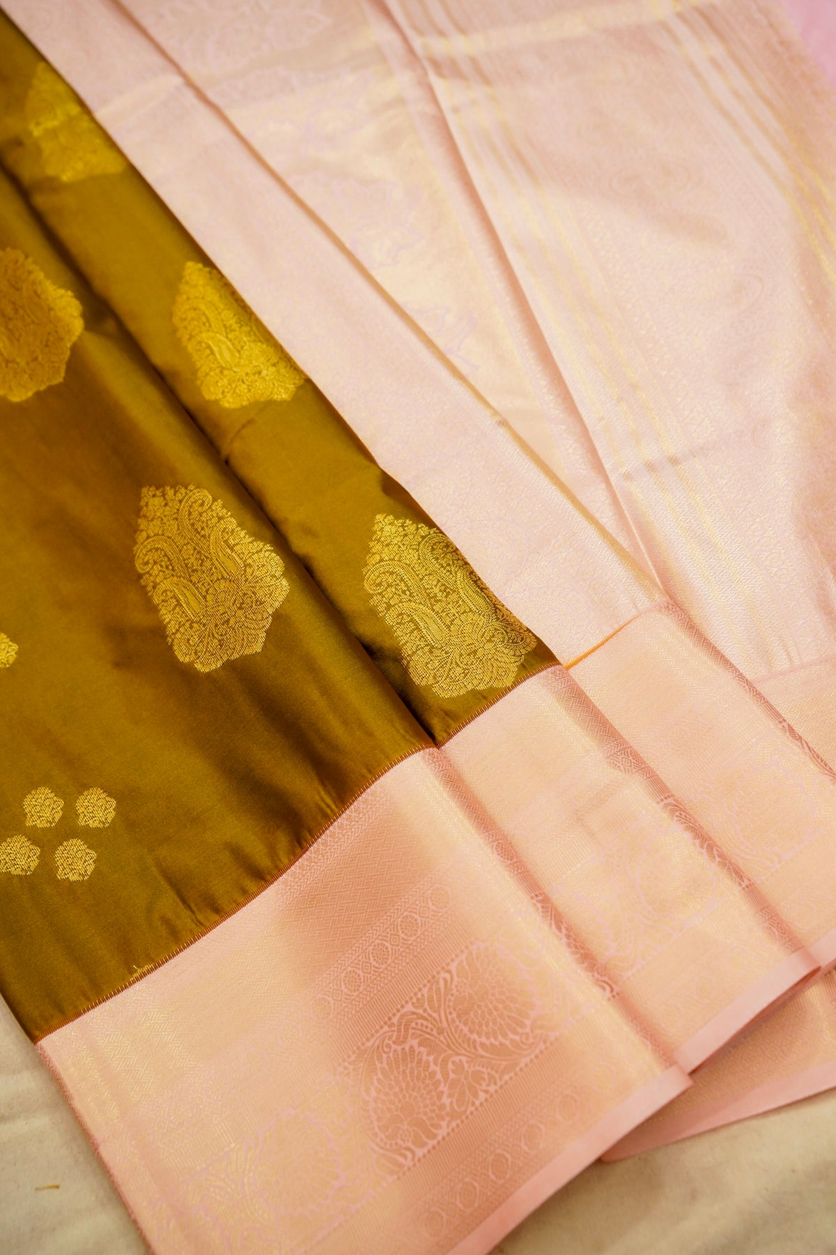 Devyani - Mustard Gold Vintage Style Kanjivaram Silk Saree with Blush Pink Korvai Border