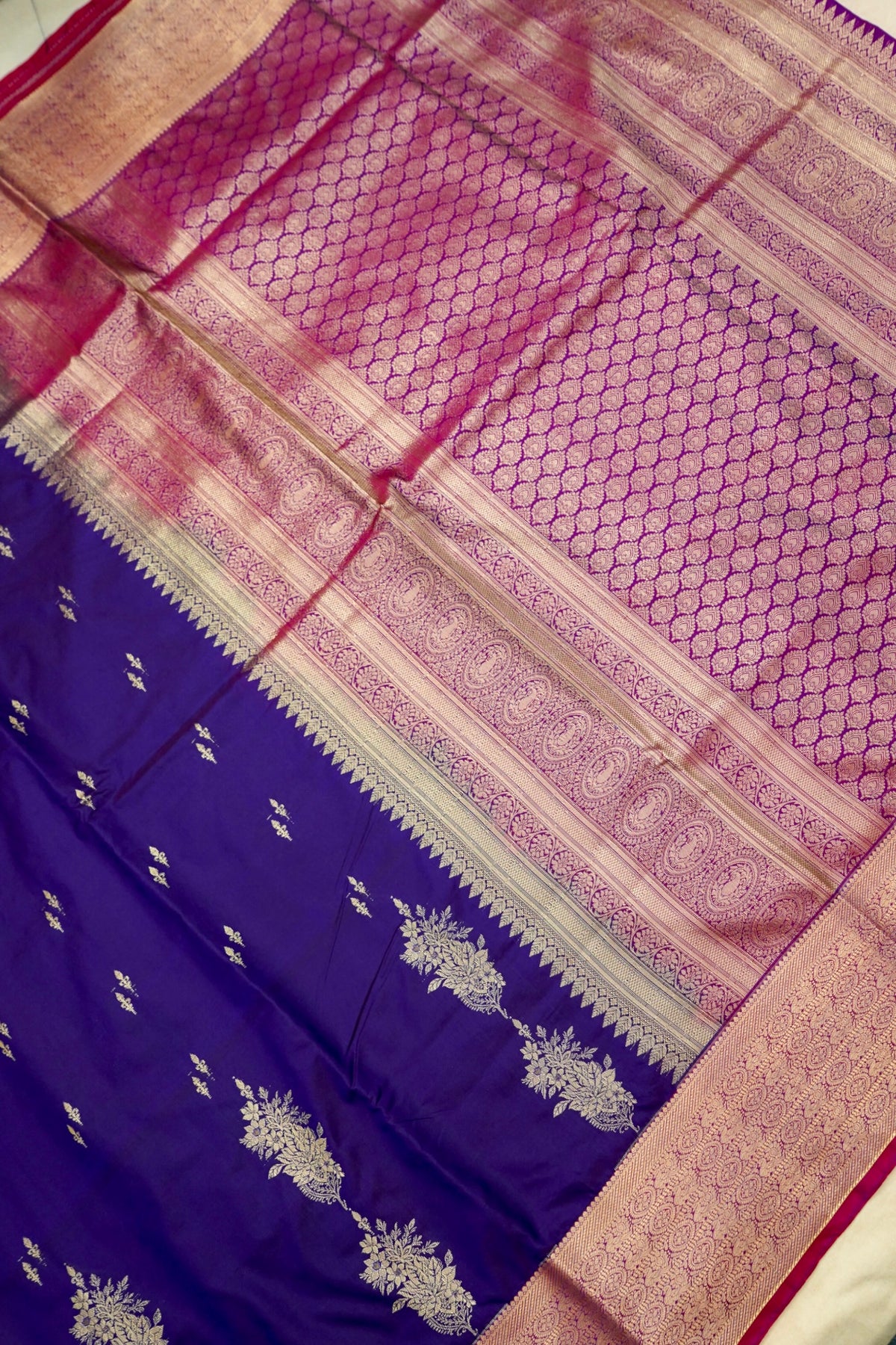 Devyani - Violet Vintage Style Kanjivaram Silk Saree with Magenta Pink Korvai Border