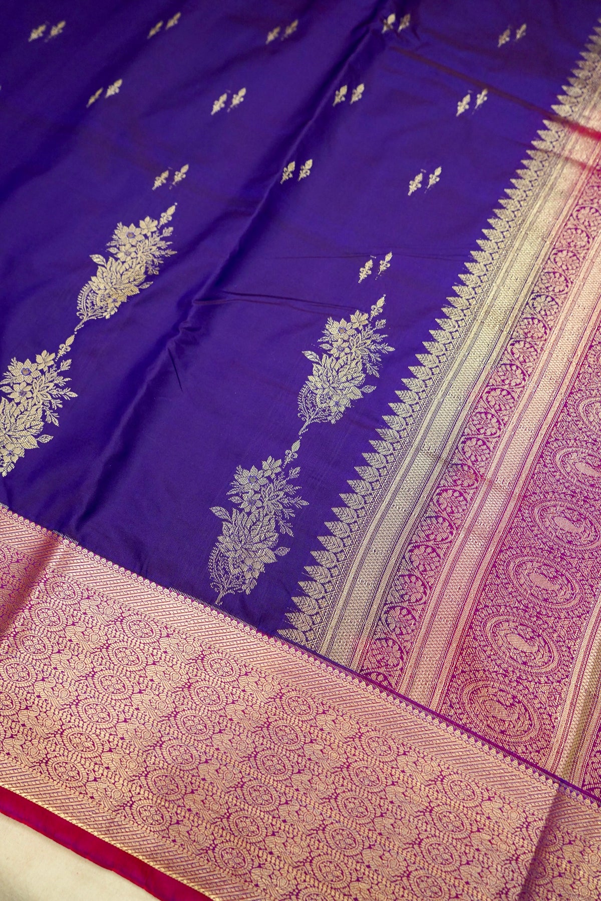 Devyani - Violet Vintage Style Kanjivaram Silk Saree with Magenta Pink Korvai Border