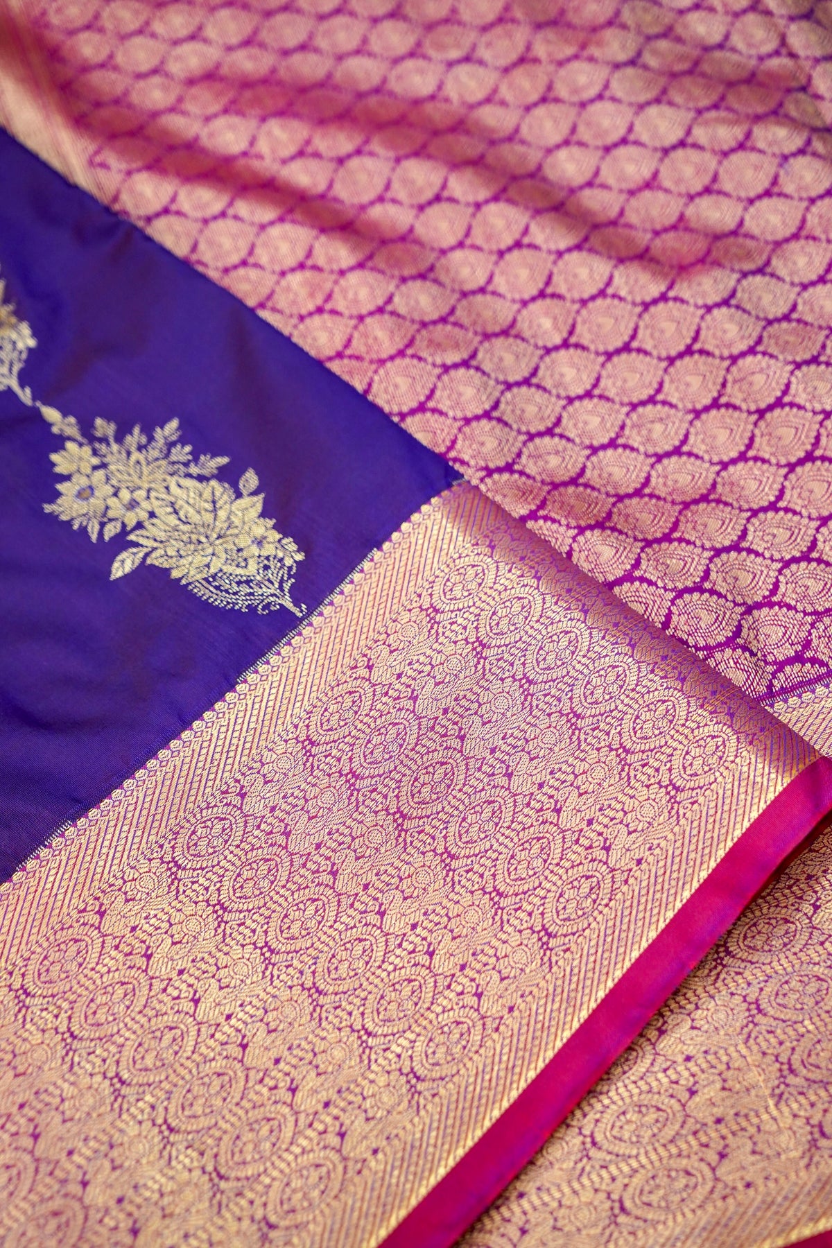 Devyani - Violet Vintage Style Kanjivaram Silk Saree with Magenta Pink Korvai Border